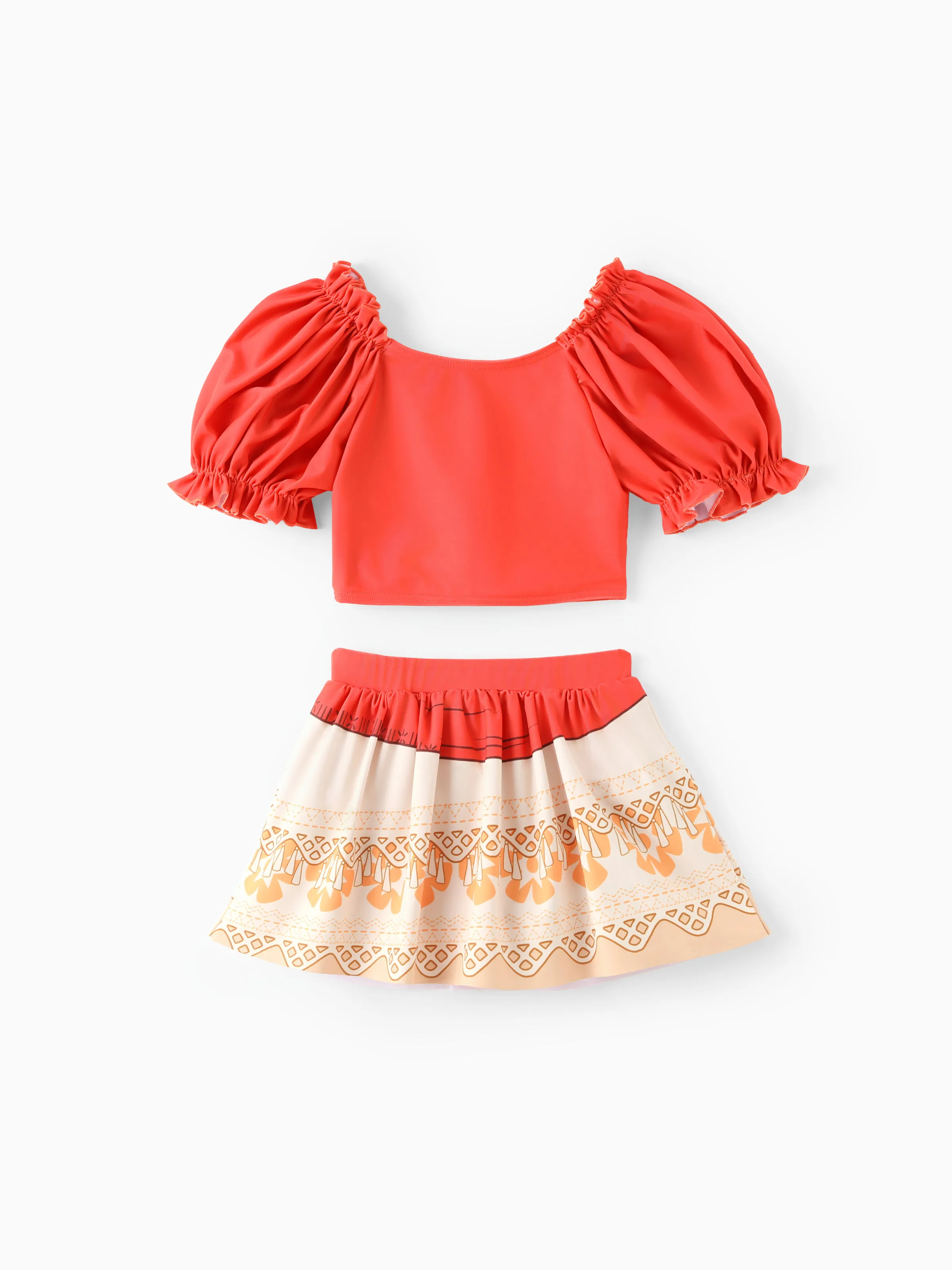 Disney Princess Toddler Girl 2pcs Moana Cosplay Puff-sleeve Top And Skirt UPF 50+ Swimsuit Orange red - Image 3