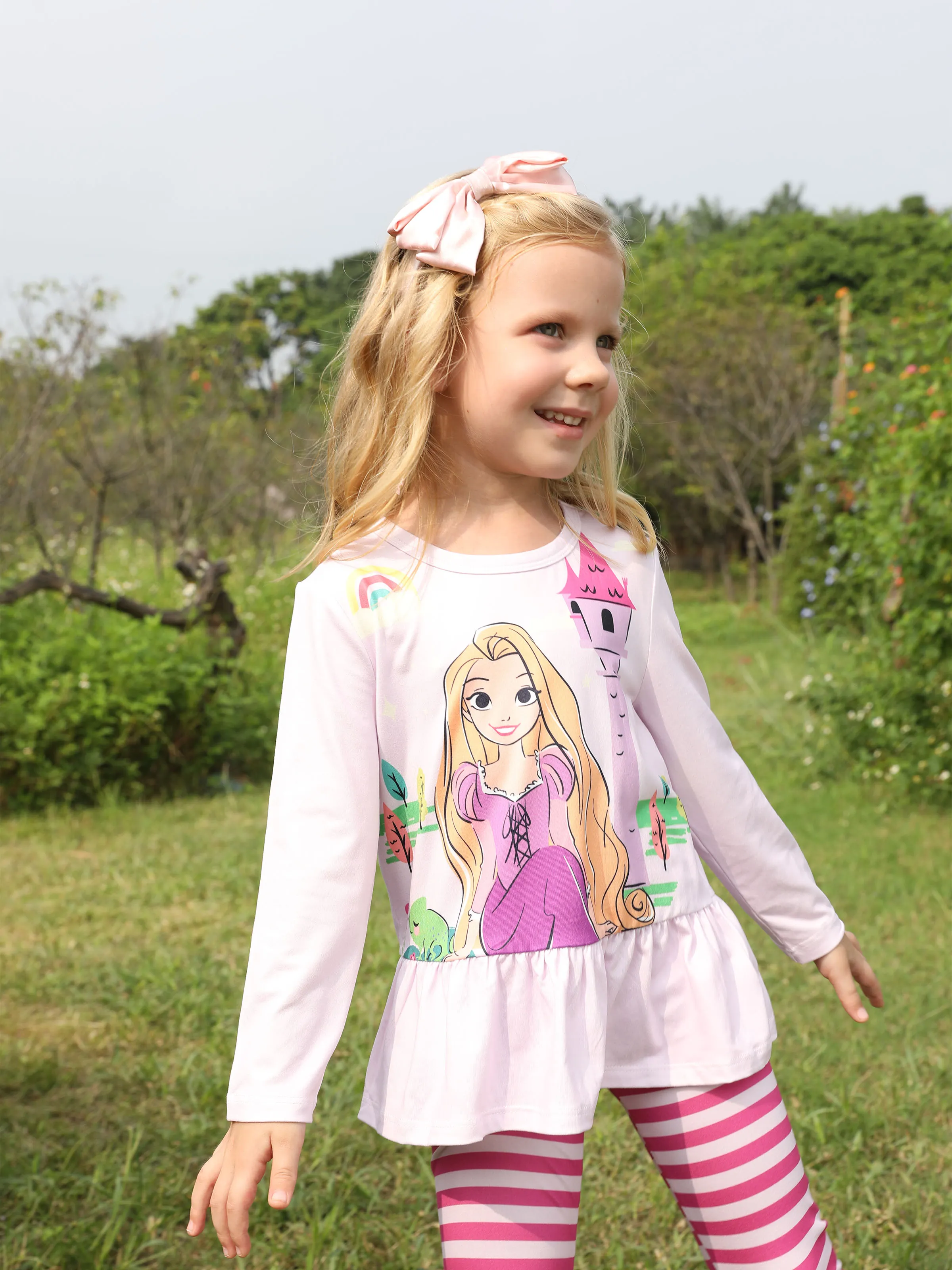 Disney Princess Toddler Girl 2pcs Rapunzel Print Peplum Tee and Stripe Pants Set Light Purple - Image 3