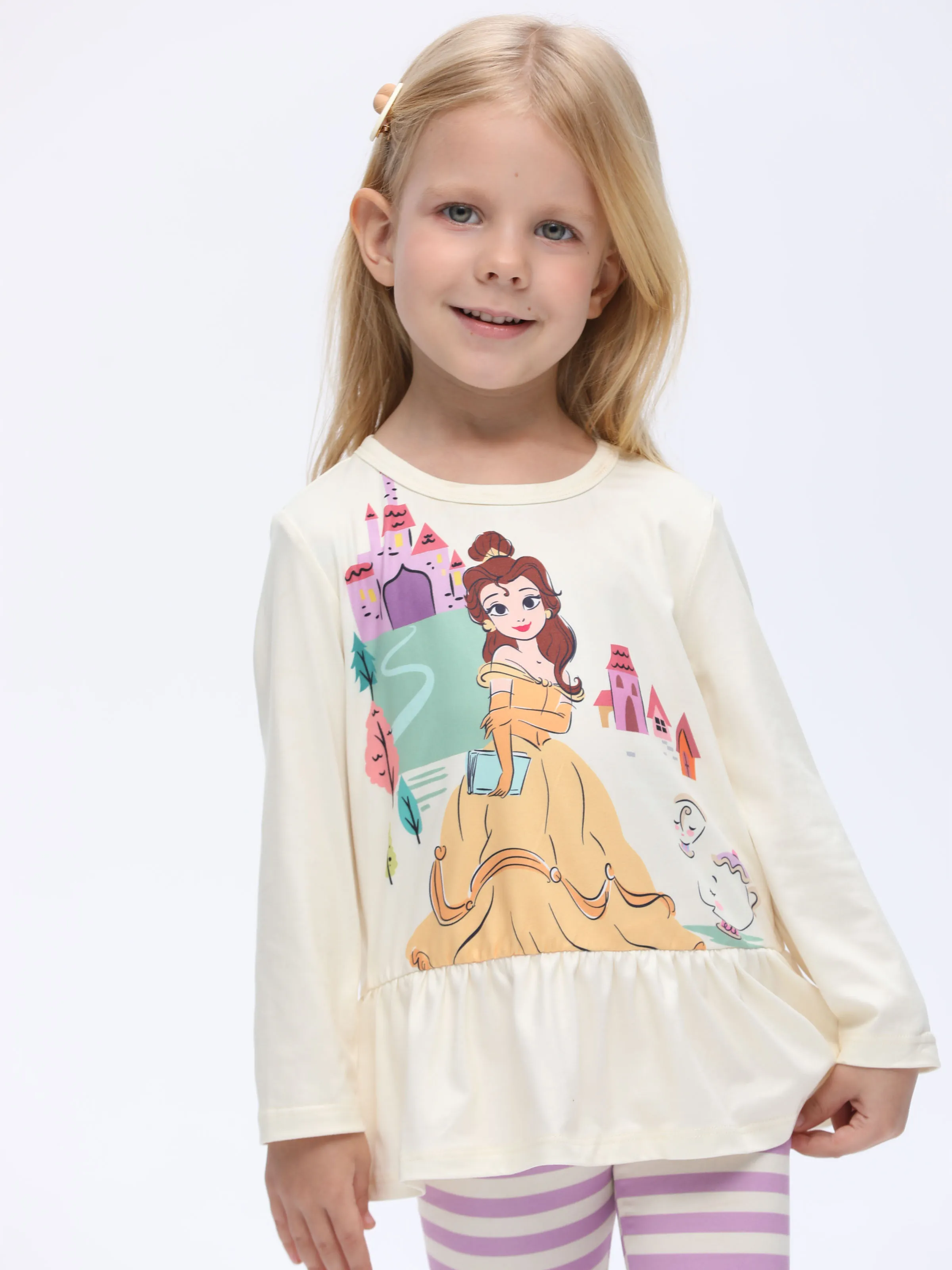 Disney Princess Toddler Girl 2pcs Belle Print Peplum Tee and Stripe Pants Set Yellow - Image 3