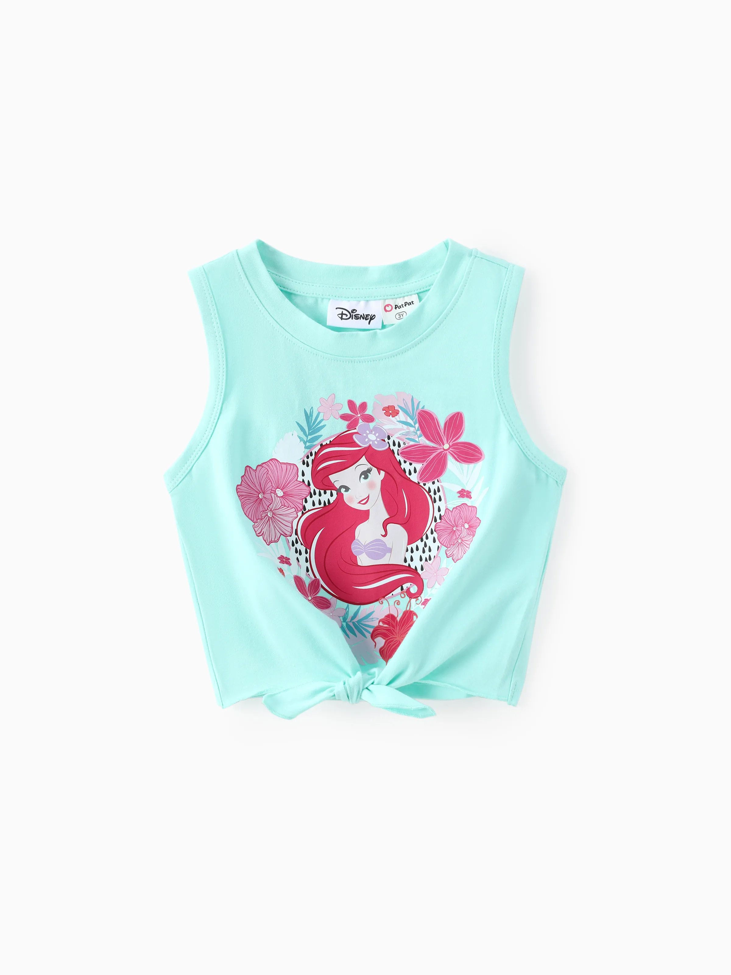 Disney Princess Toddler Girl 2pcs Cotton Ariel Floral Print Knotted Sleeveless Tank Top And Shorts Set Green - Image 3