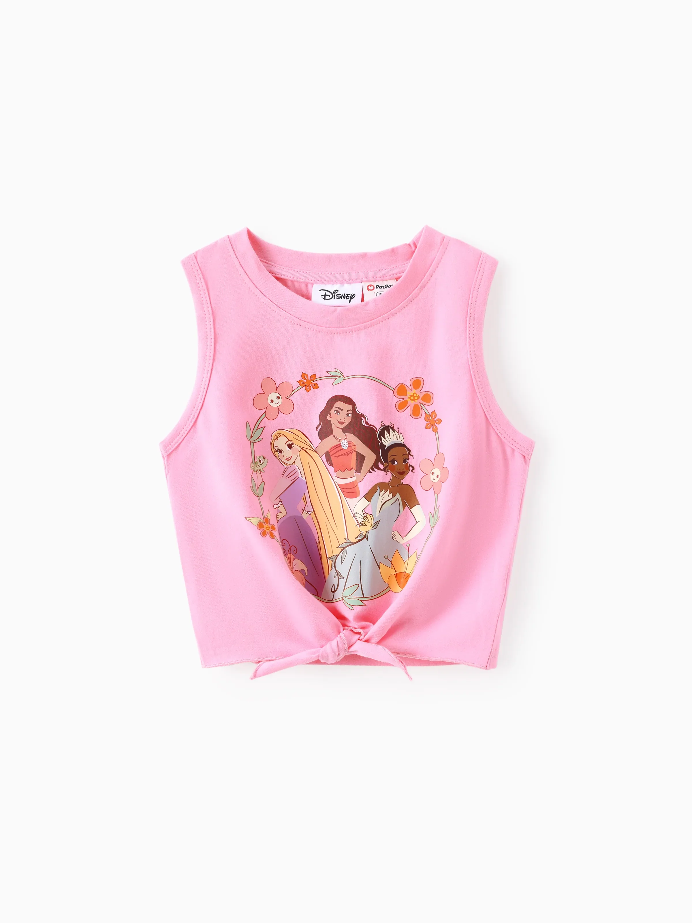 Disney Princess Toddler Girl 2pcs Moana/Tiana/Rapunzel Cotton Floral Print Knotted Sleeveless Tank Top And Shorts Set Pink - Image 3