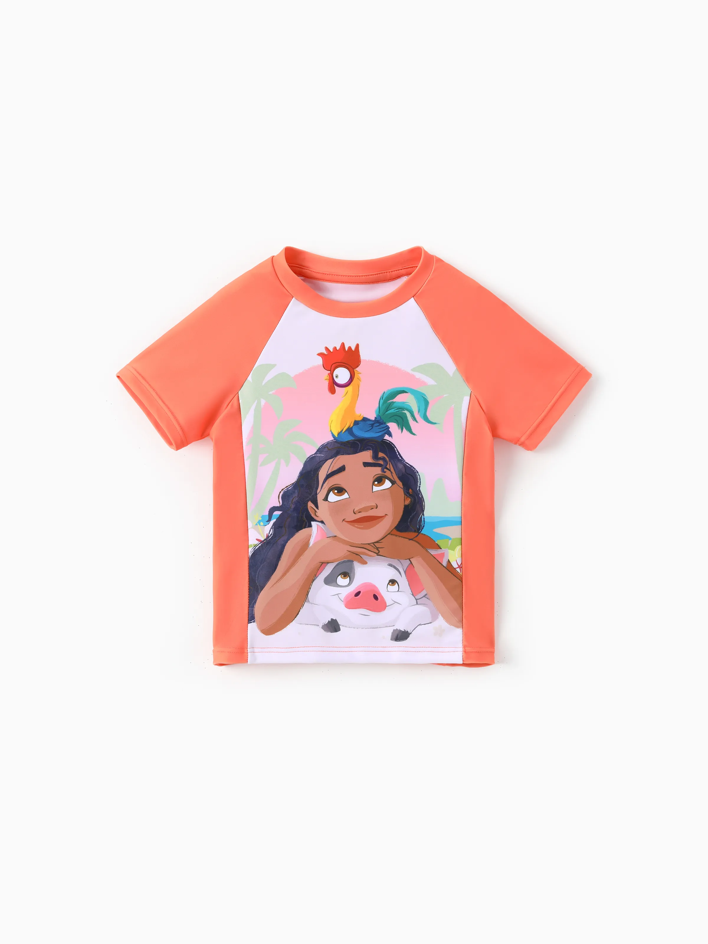 Disney Princess Toddler Girl 2pcs Moana Floral Print Colorblock Short-sleeve Top and Trunks UPF 50+ Swimsuit Set Orange - Image 4
