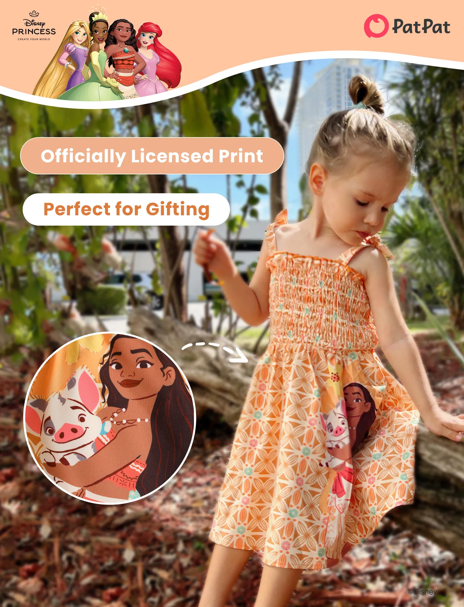 Disney Princess Toddler Girl Moana Smocking Dress Orange - Image 3