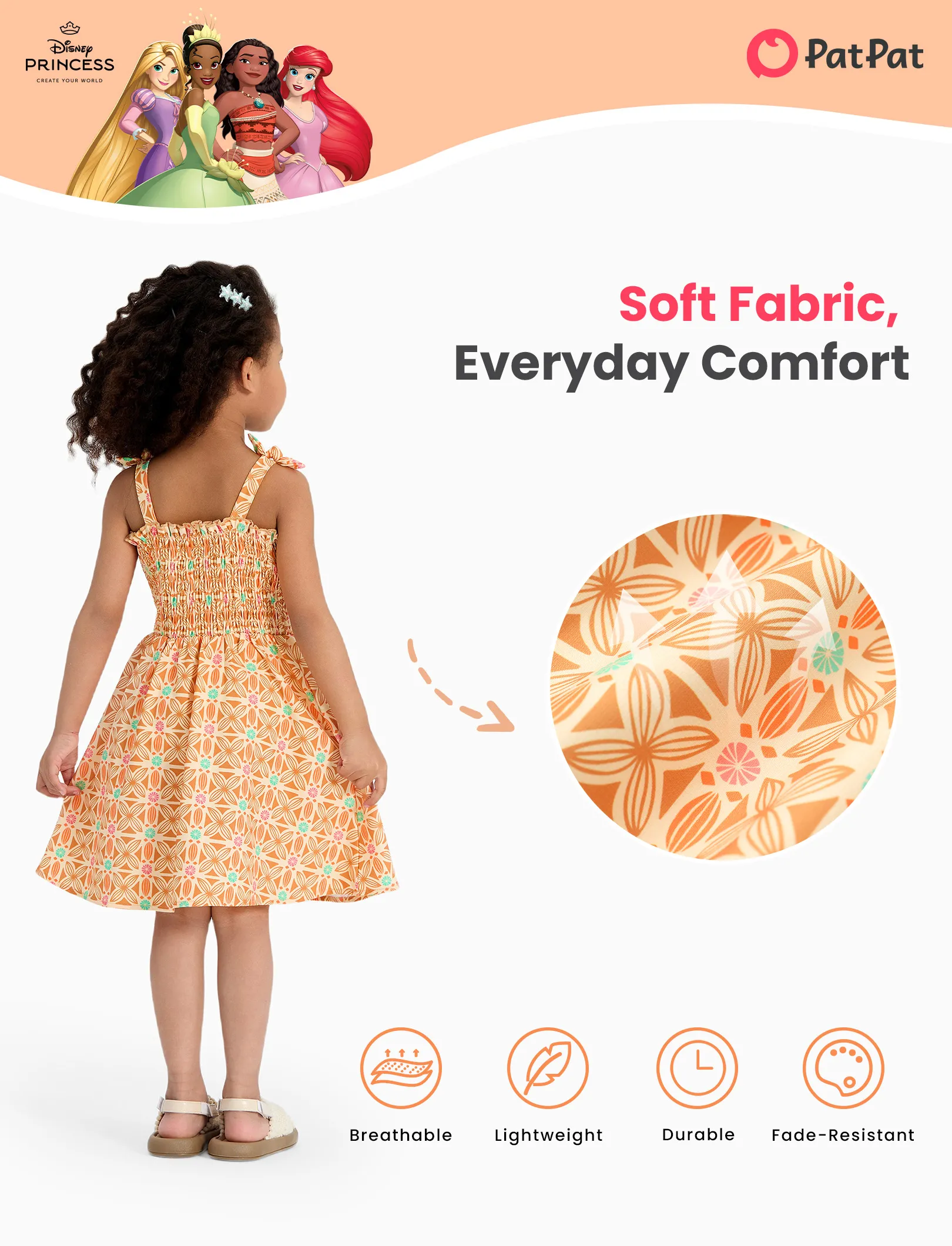 Disney Princess Toddler Girl Moana Smocking Dress Orange - Image 4