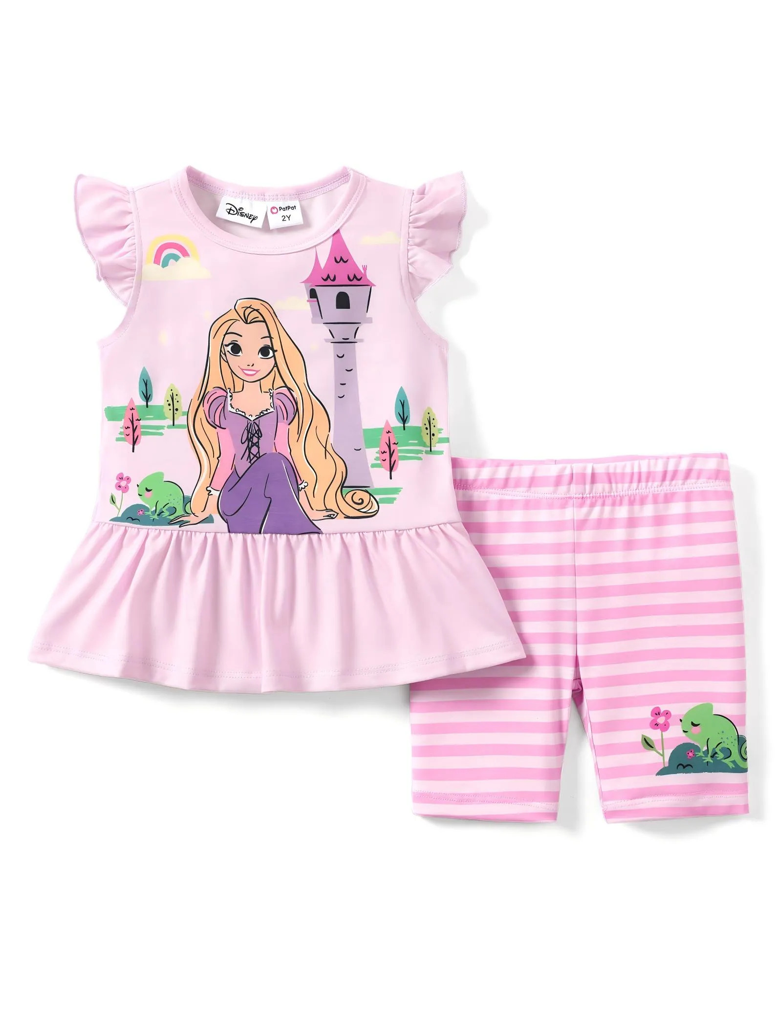 Disney Princess Toddler Girl 2pcs Naia™ Rapunzel Print Ruffled Top with Stripped Leggings Set Pink - Image 3