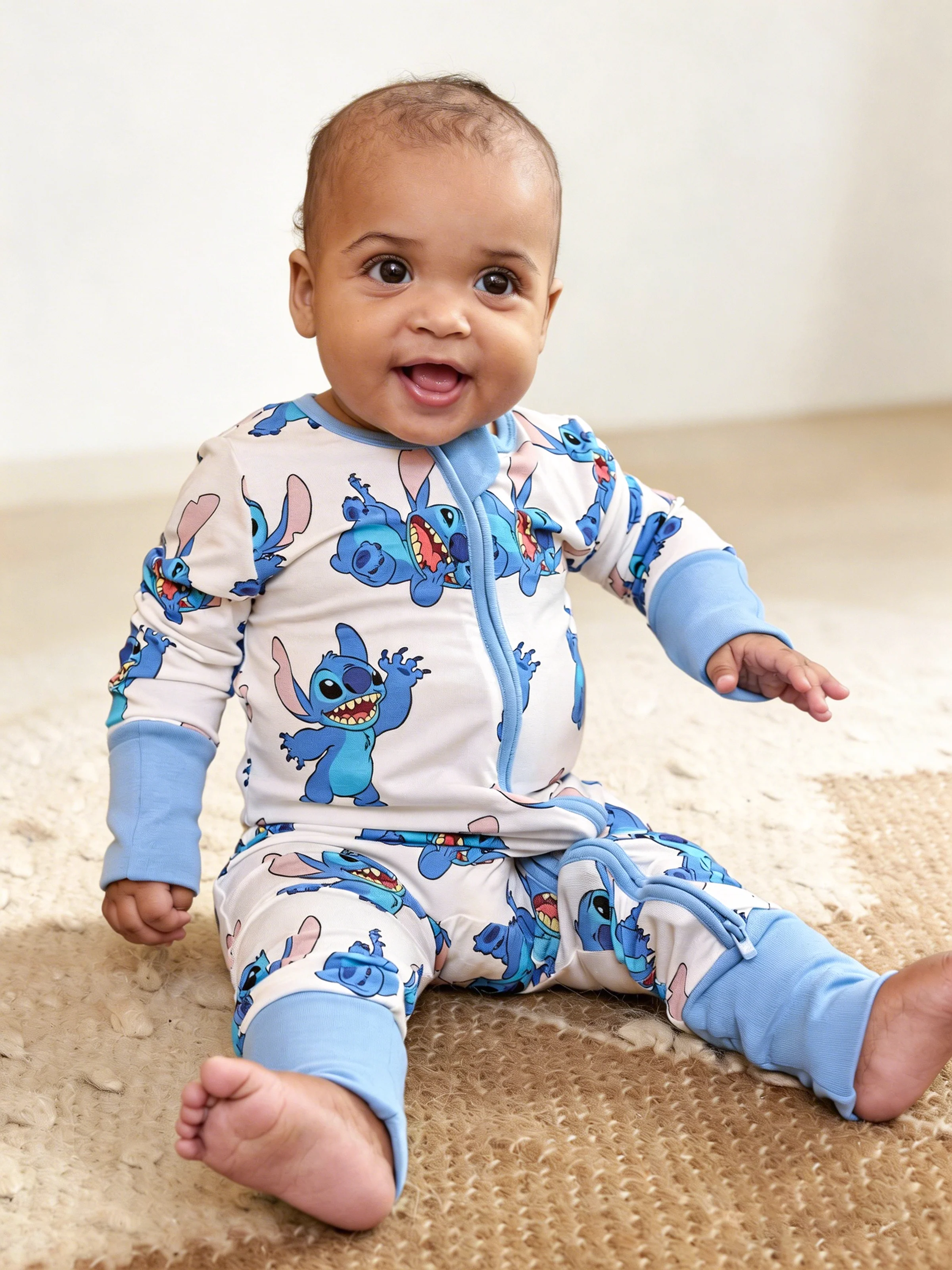 Disney Stitch Bamboo Baby Boy/Girl 2-Way Zip Onesies Anti Slip Long-sleeve Footie Blue - Image 3