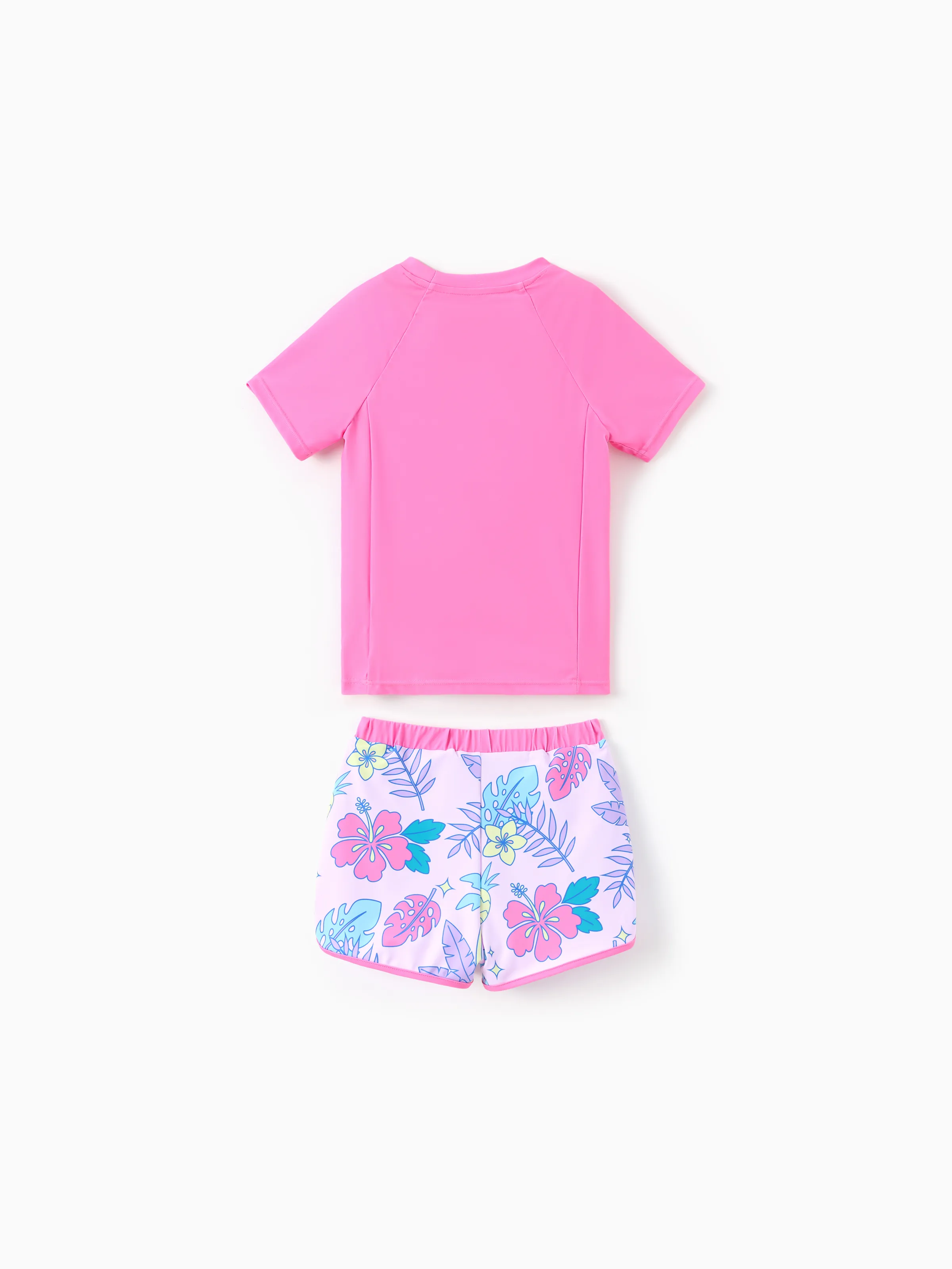 Disney Stitch Kid Girl 2pcs Character Tropical Floral Colorblock Print Short-sleeve Tops and Trunks UPF 50+ Swimsuit Set Pink - Image 3