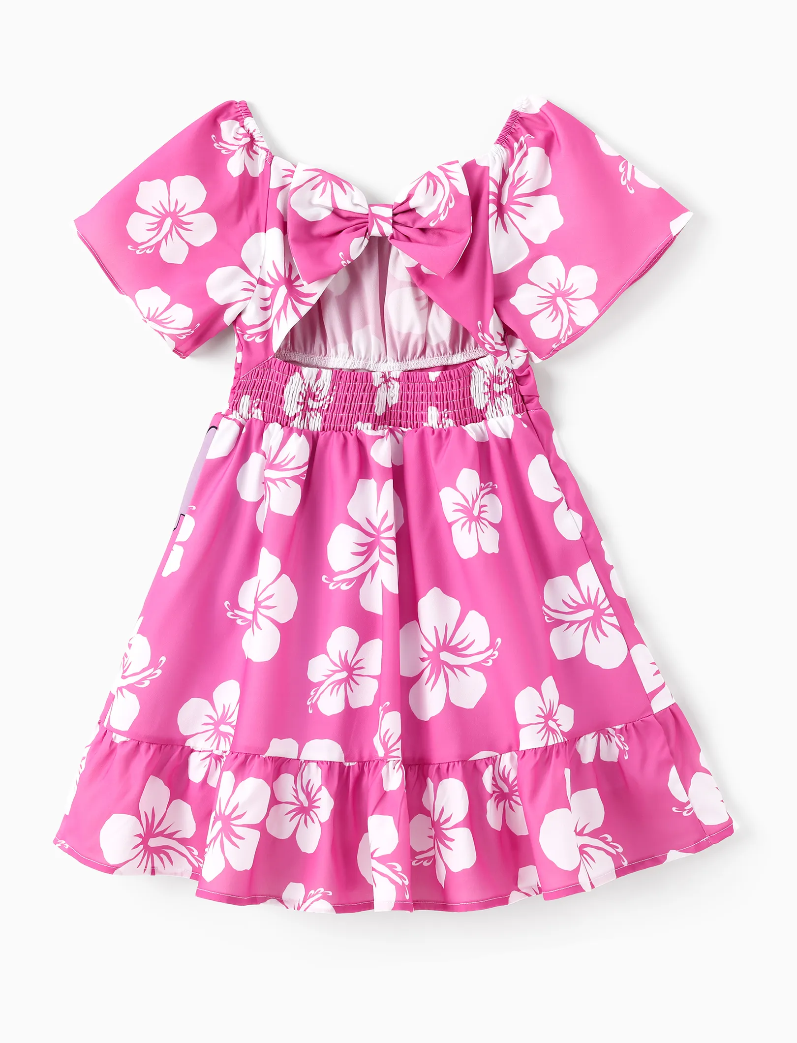 Disney Stitch Kid Girl Floral/Palm Tree Print Ruffled Babydoll Dress Hot Pink - Image 4