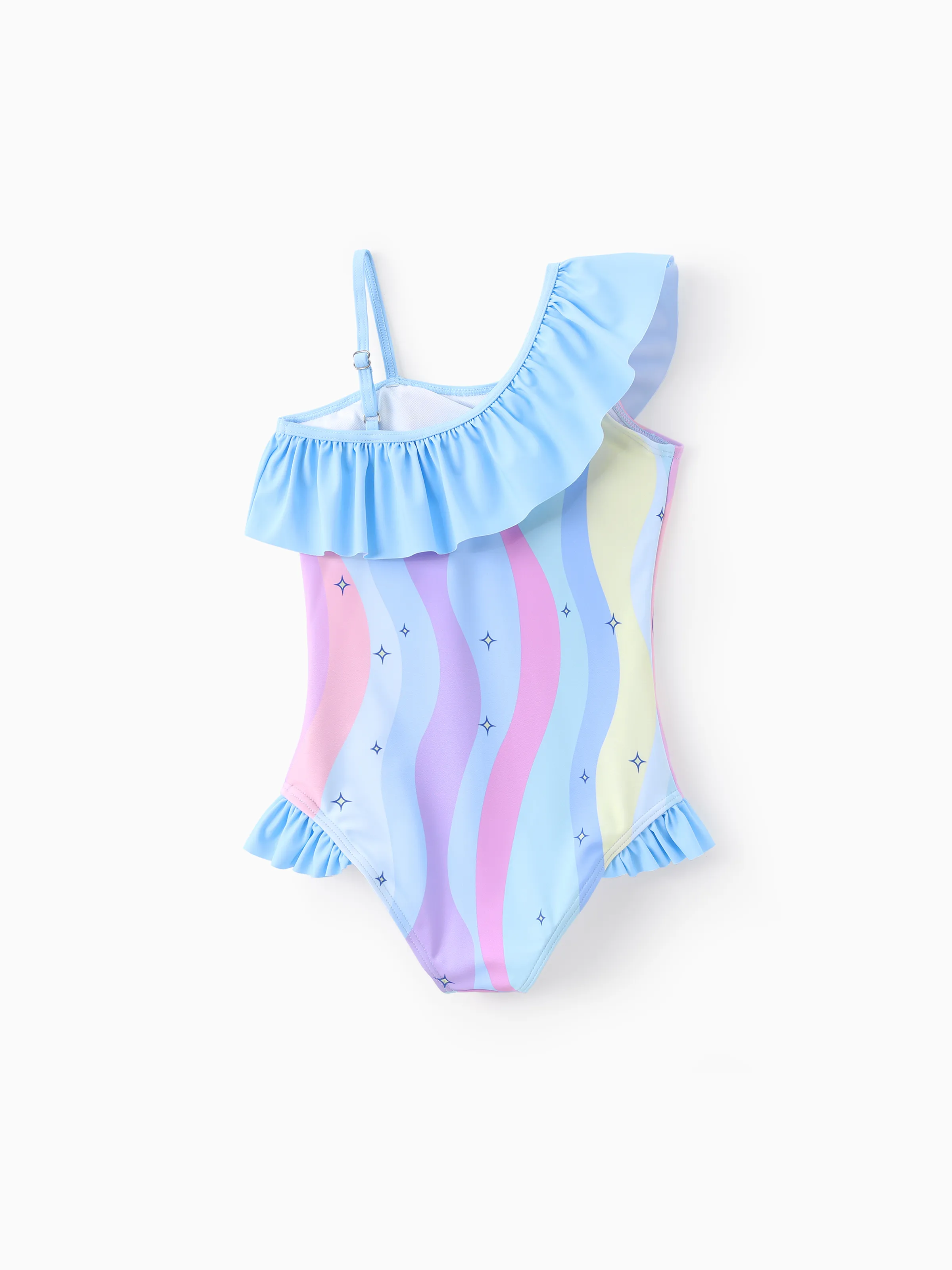 Disney Stitch Toddler/Kid Girl 1pc Floral/Colorful Striped Print Off-shoulder RuffledUPF 50+ Swimsuit Blue - Image 3