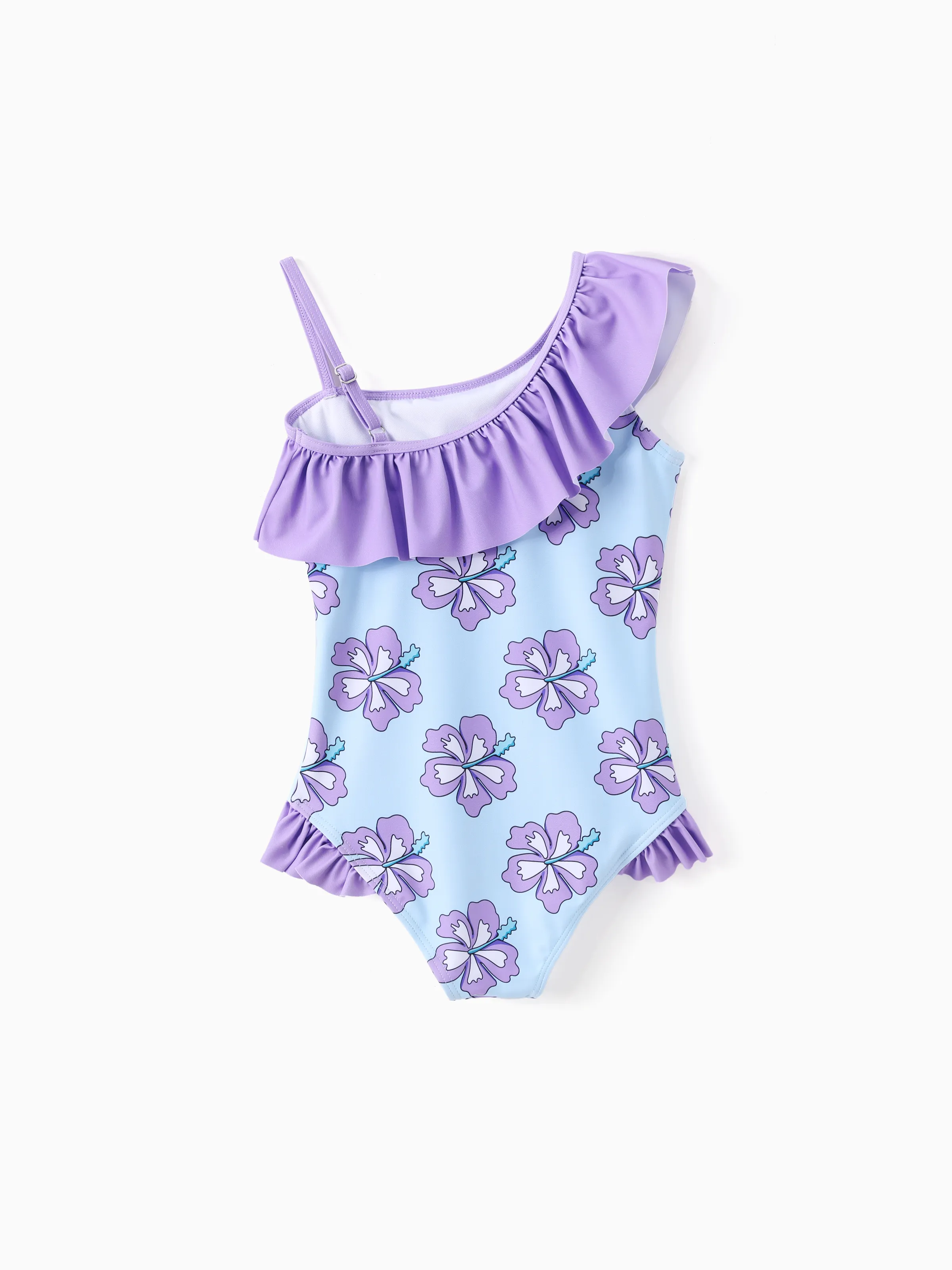 Disney Stitch Toddler/Kid Girl 1pc Floral/Colorful Striped Print Off-shoulder RuffledUPF 50+ Swimsuit Purple - Image 3