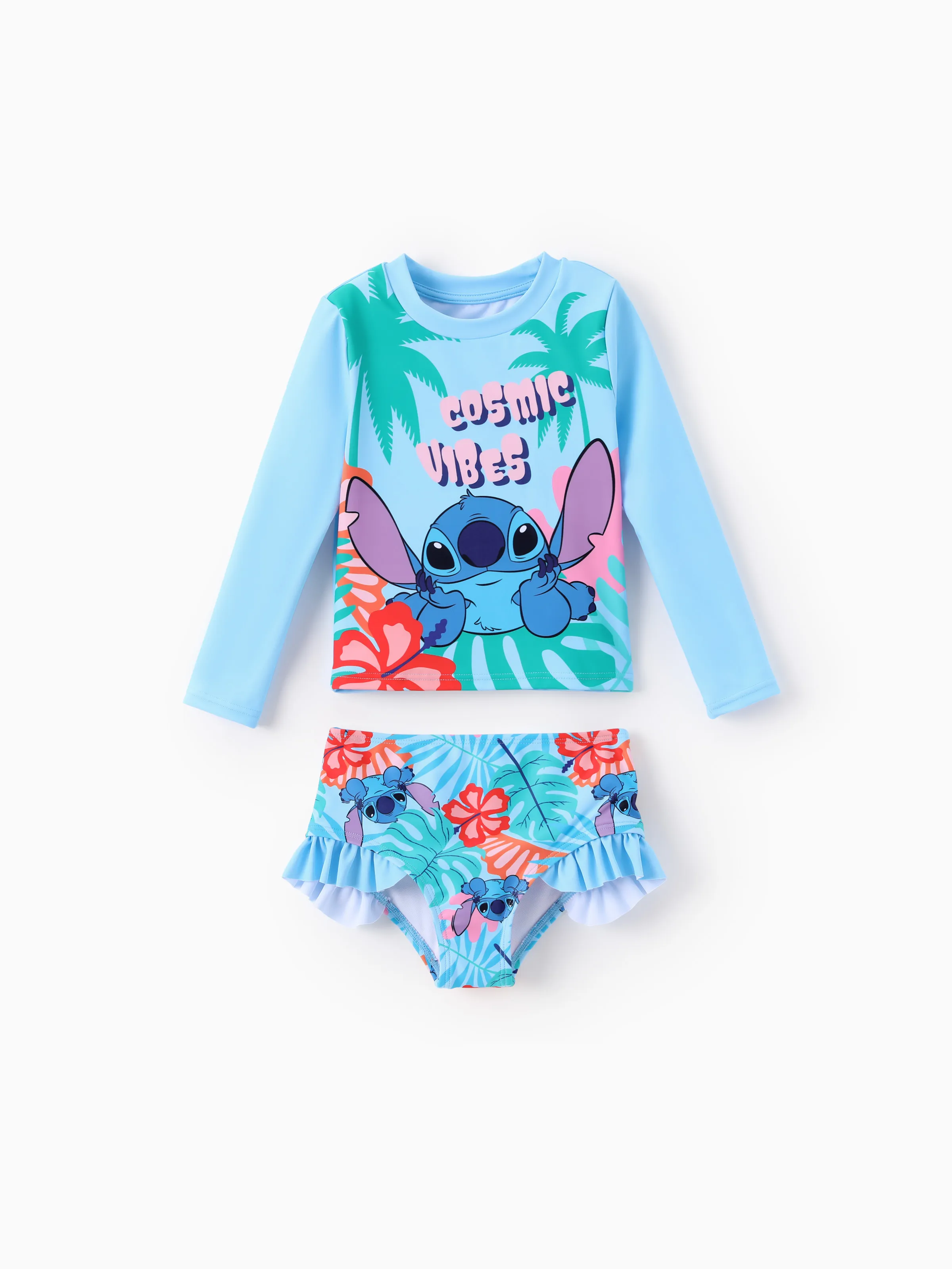 Disney Stitch Toddler/Kid Girl Tropical Plant Ruffle 2pcs UPF 50+ Swimsuit Blue - Image 11