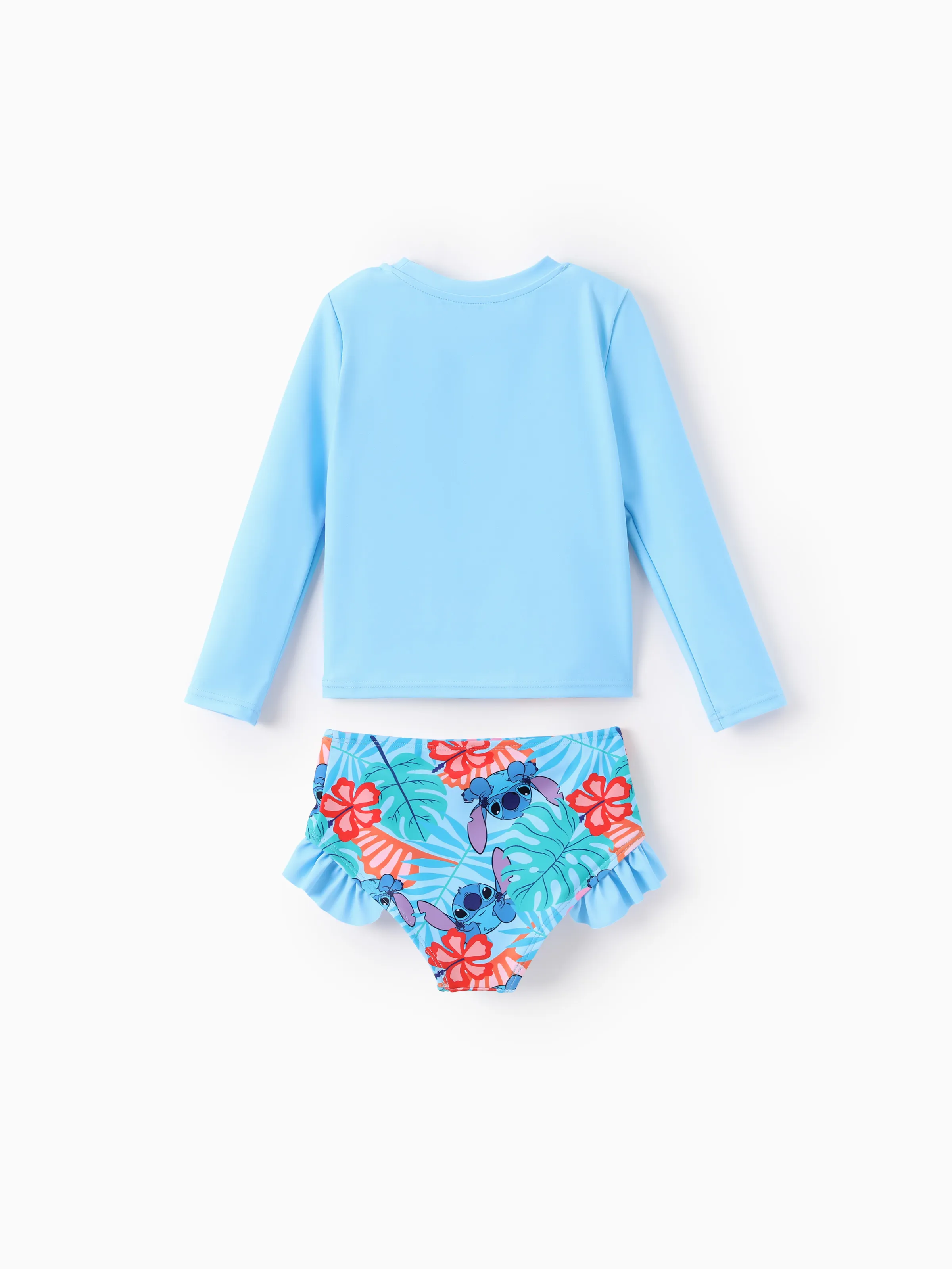 Disney Stitch Toddler/Kid Girl Tropical Plant Ruffle 2pcs UPF 50+ Swimsuit Blue - Image 3