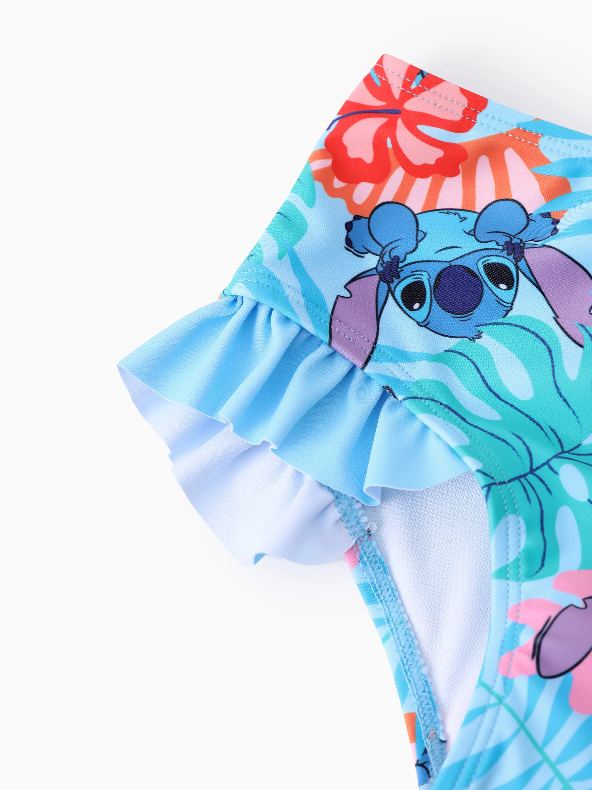 Disney Stitch Toddler/Kid Girl Tropical Plant Ruffle 2pcs UPF 50+ Swimsuit Blue - Image 8