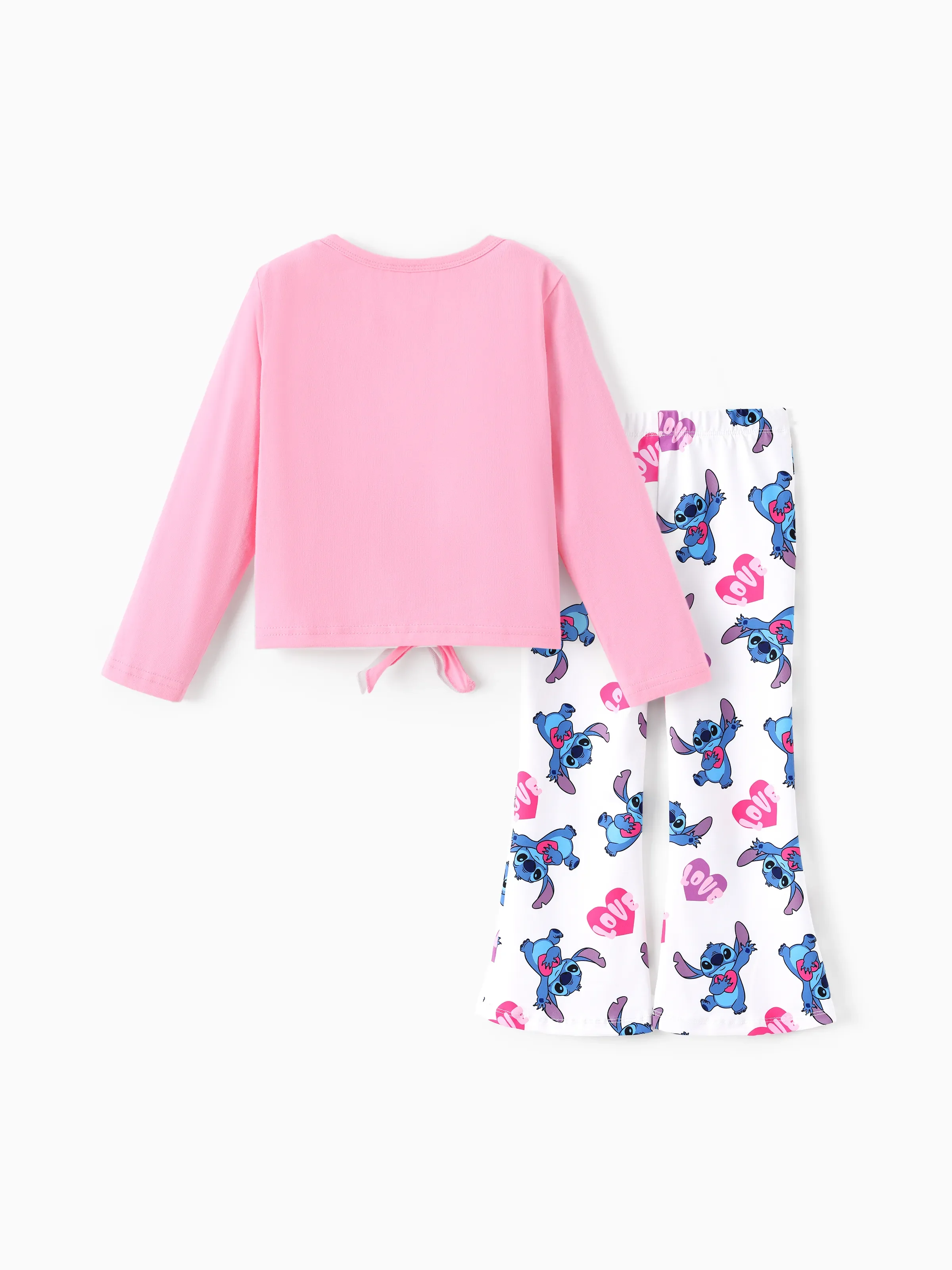 Disney Stitch Toddler/Kids Girl Stitch 2pcs Tie Front Longsleeves Top and Pattern Flared Pant Set Pink - Image 5