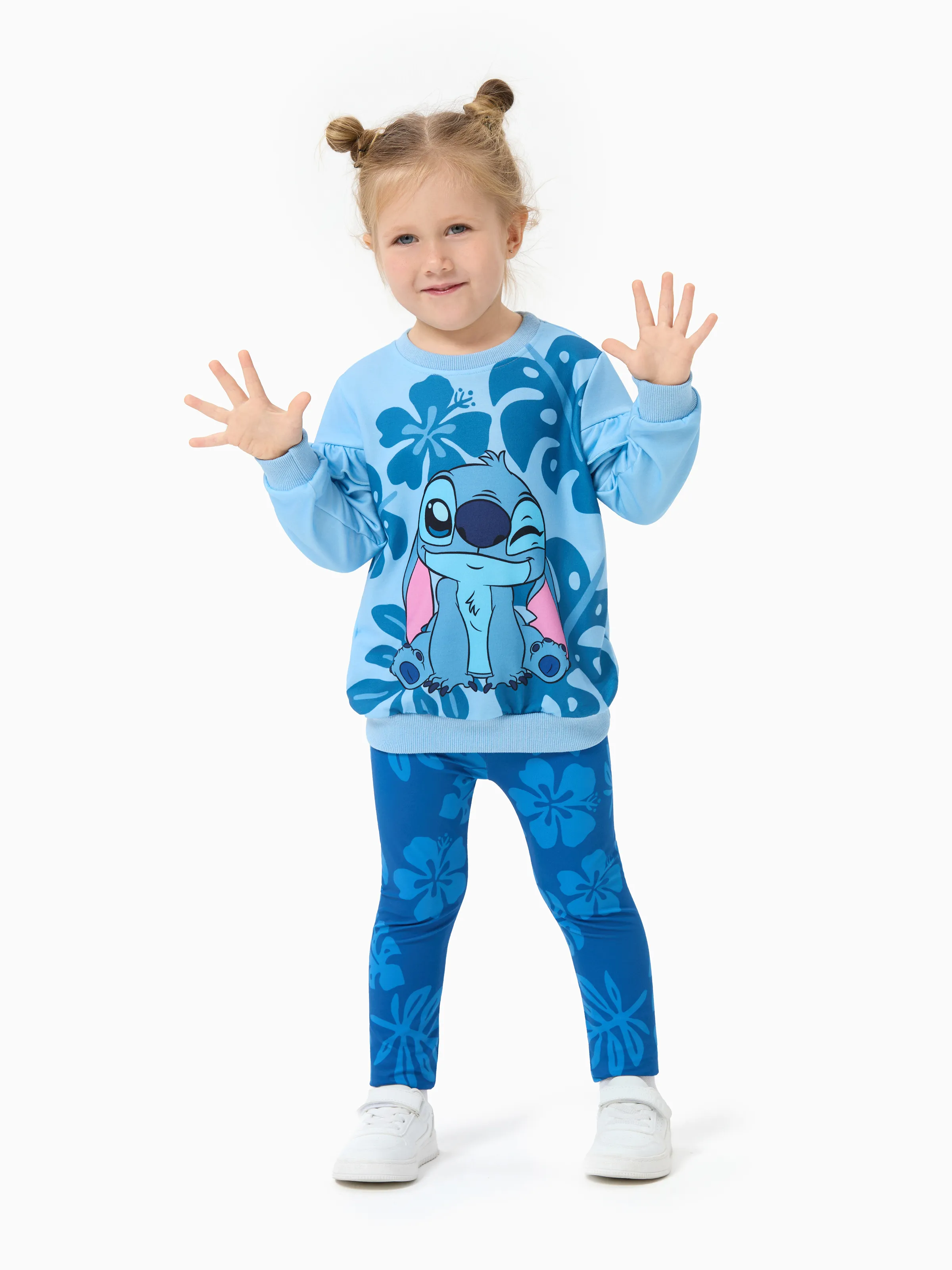 Disney Stitch Toddler/Kids Girl Stitch Ruffled Floral Print Top and Pants Set Blue - Image 3
