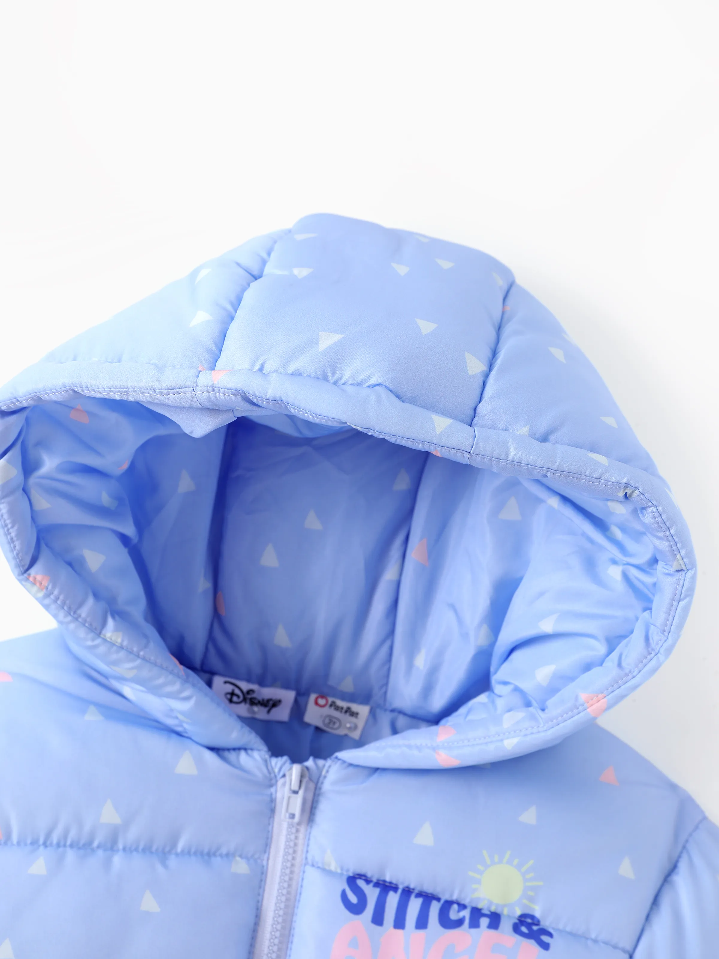 Disney Stitch Toddler/Kids Girl Stitch/Angel Sweet Geometric Pattern Polyester Fabric Hooded Puffer Jacket Blue - Image 5