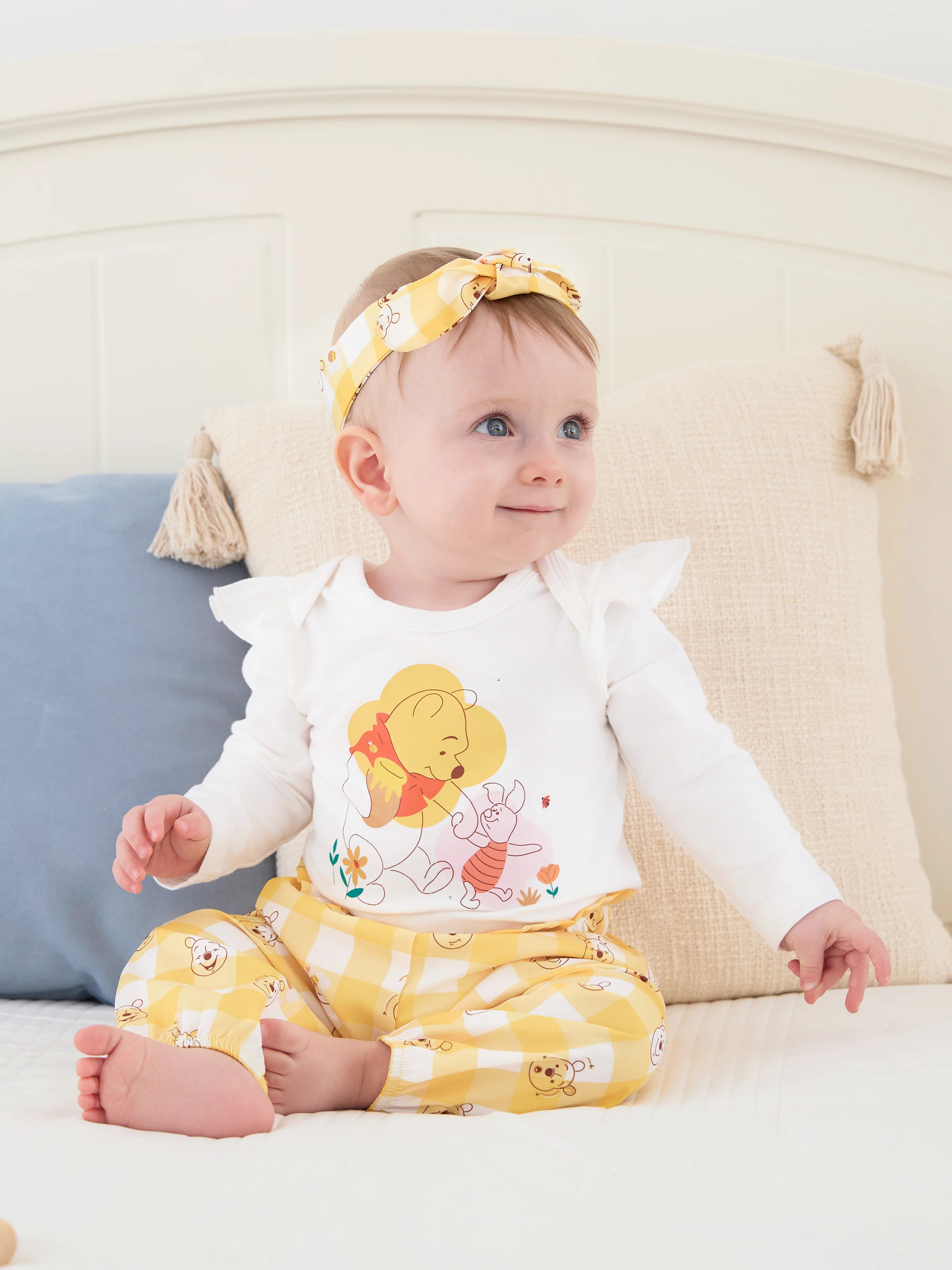 Disney Winnie the Pooh Baby Girl 3pcs Ruffled Romper and Pants with Headband Set Ginger - Image 4