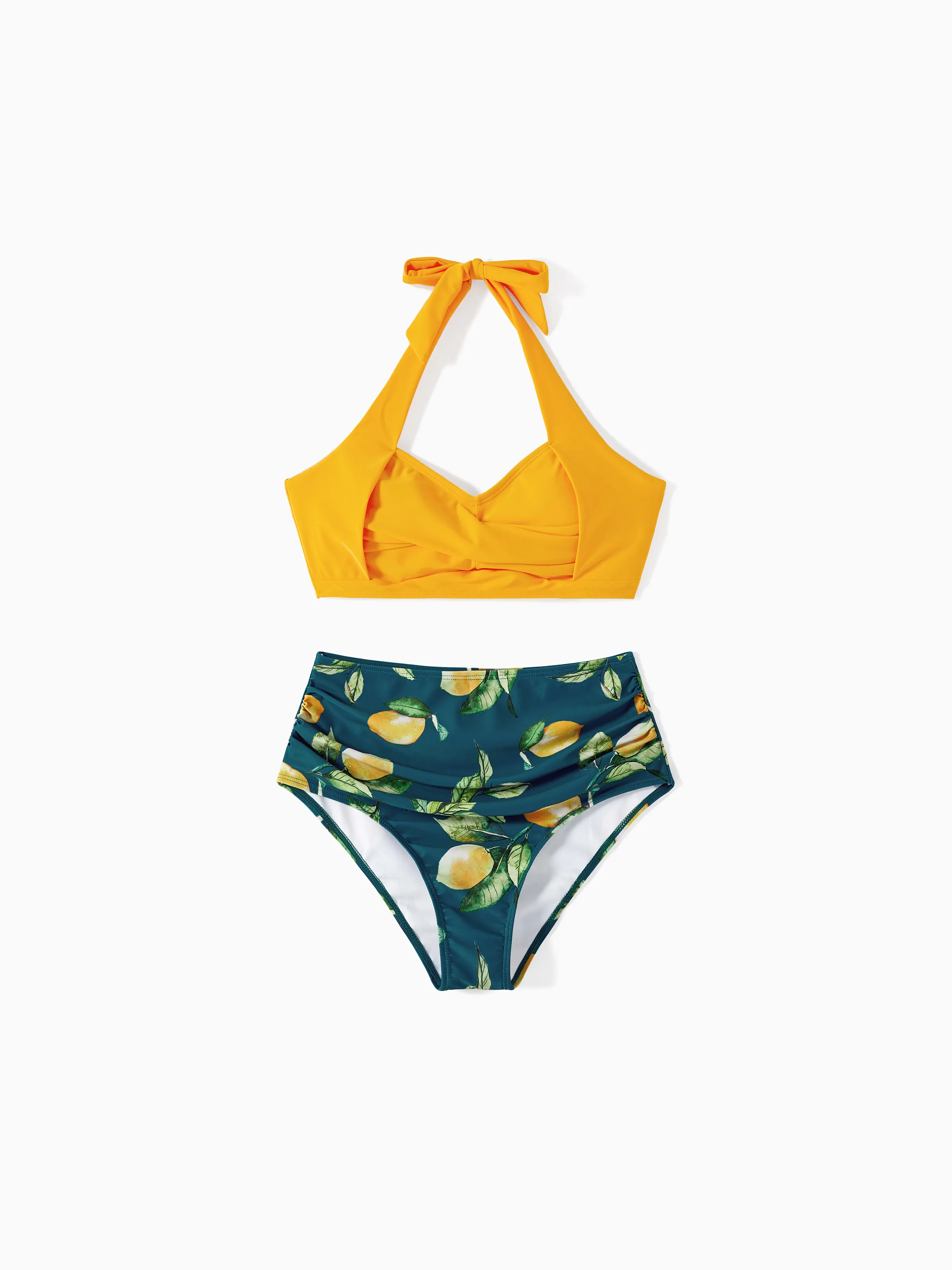 Family Matching Allover Lemon Print and Solid Halter Neck Two-piece Swimsuit or Swim Trunks Shorts Multi-color - Image 2