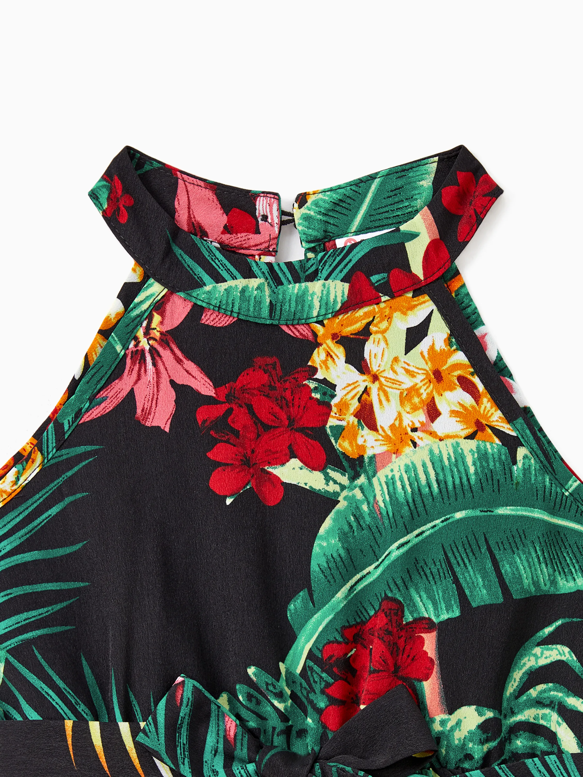 Family Matching Allover Plant Floral Print Halterneck Dresses and Short-sleeve Shirts Sets Black - Image 10