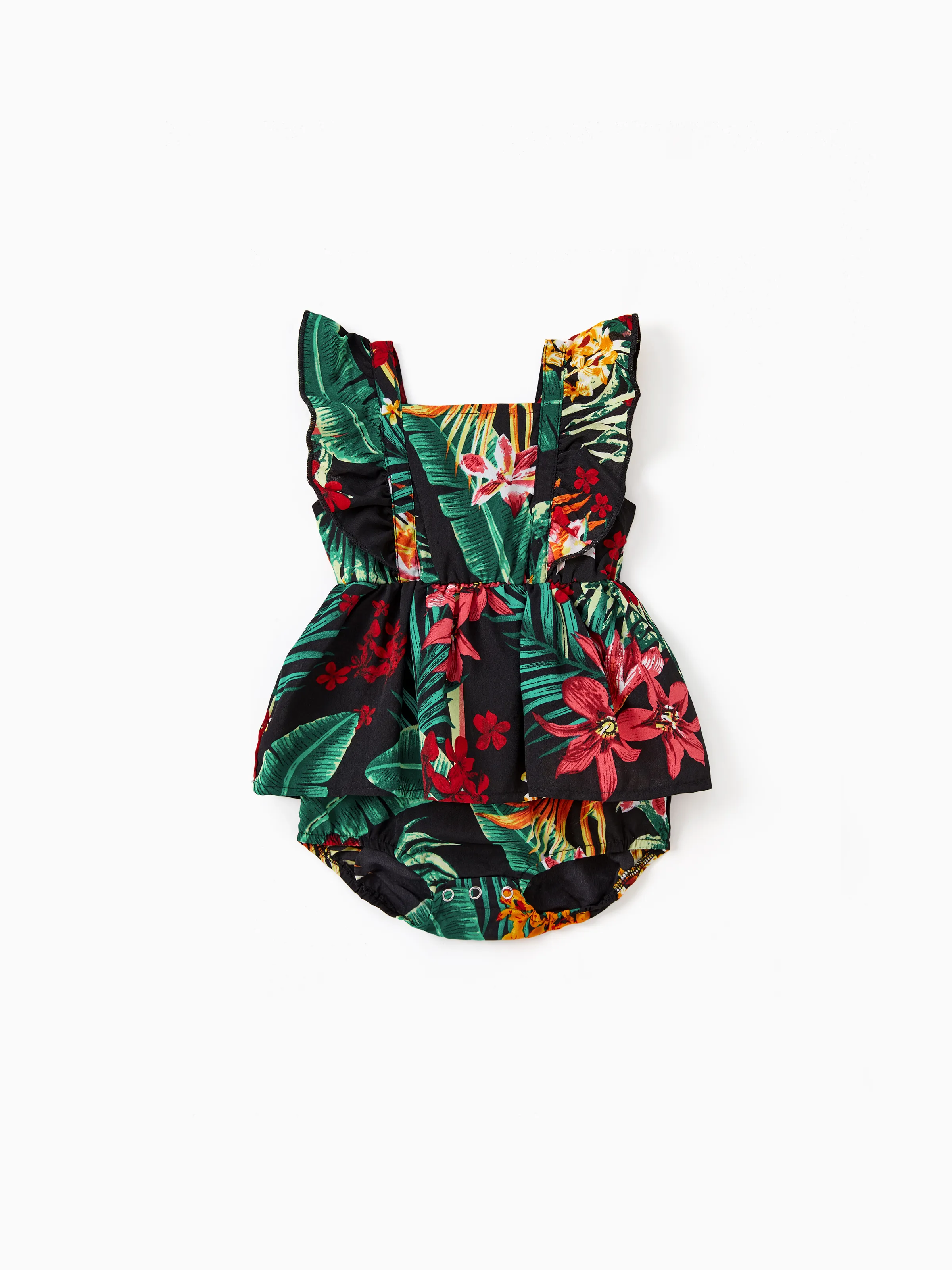 Family Matching Allover Plant Floral Print Halterneck Dresses and Short-sleeve Shirts Sets Black - Image 13