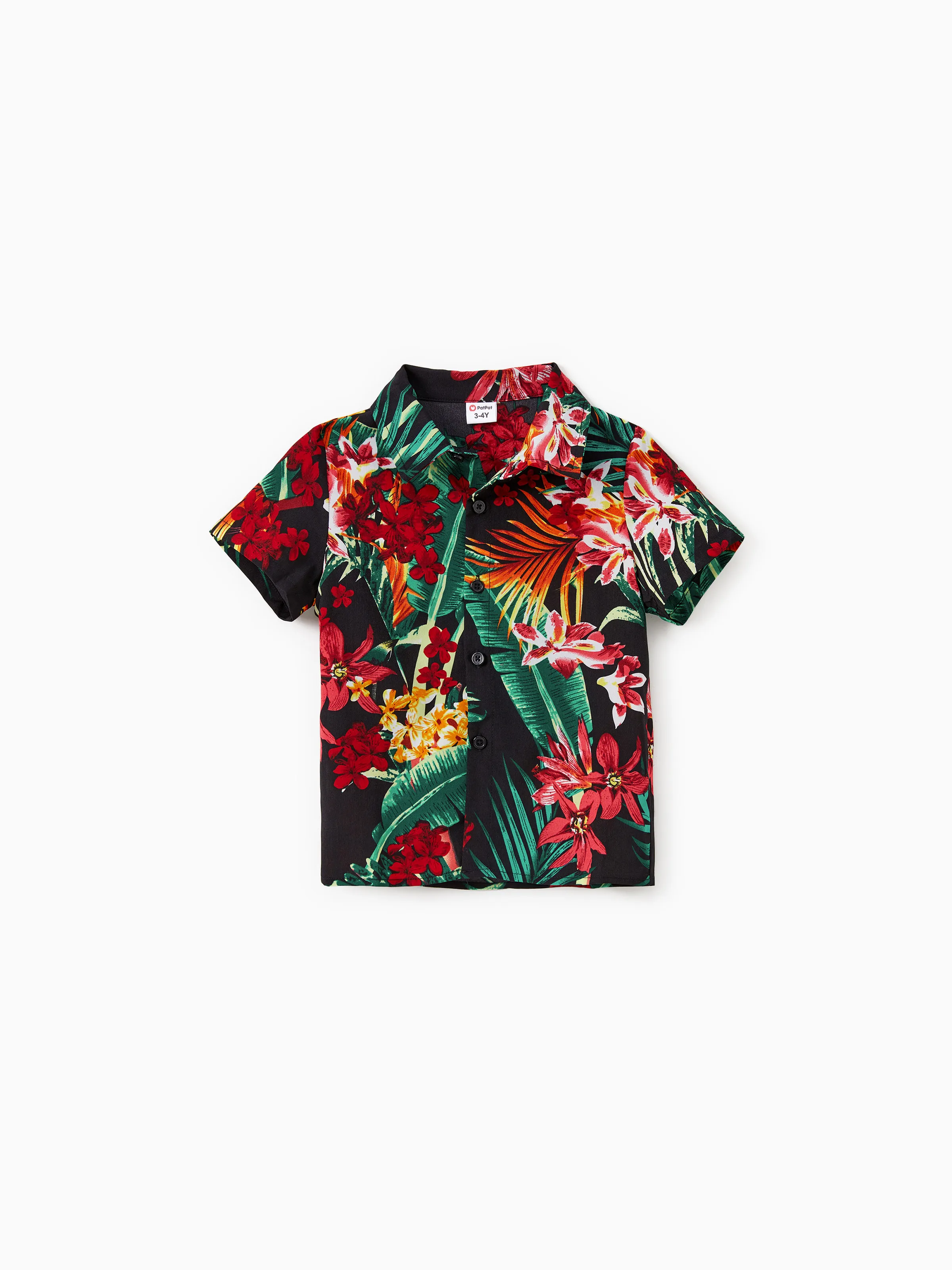 Family Matching Allover Plant Floral Print Halterneck Dresses and Short-sleeve Shirts Sets Black - Image 18