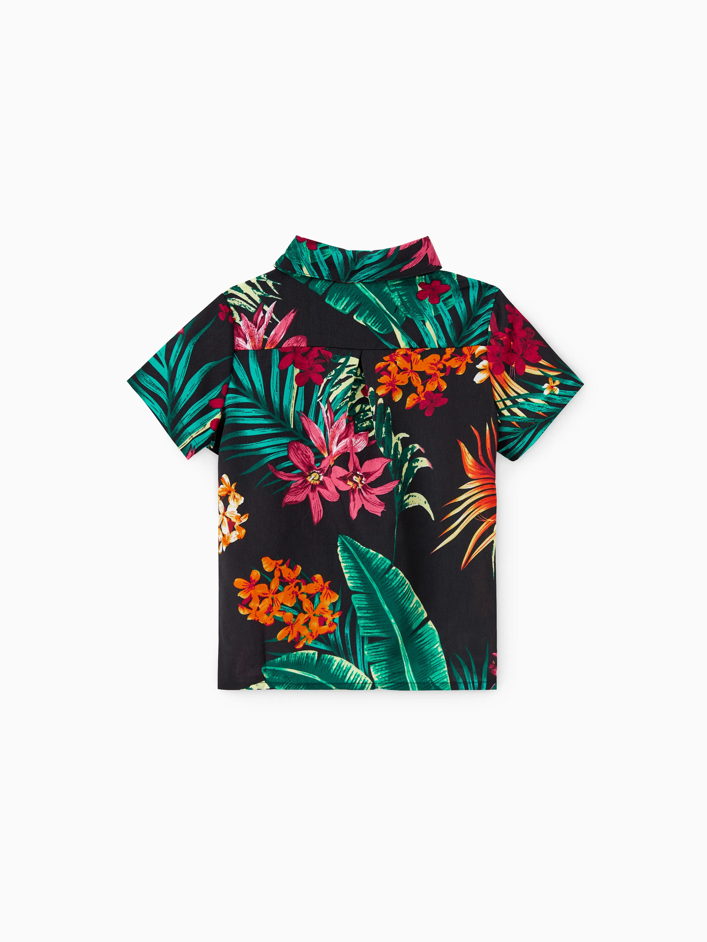 Family Matching Allover Plant Floral Print Halterneck Dresses and Short-sleeve Shirts Sets Black - Image 19