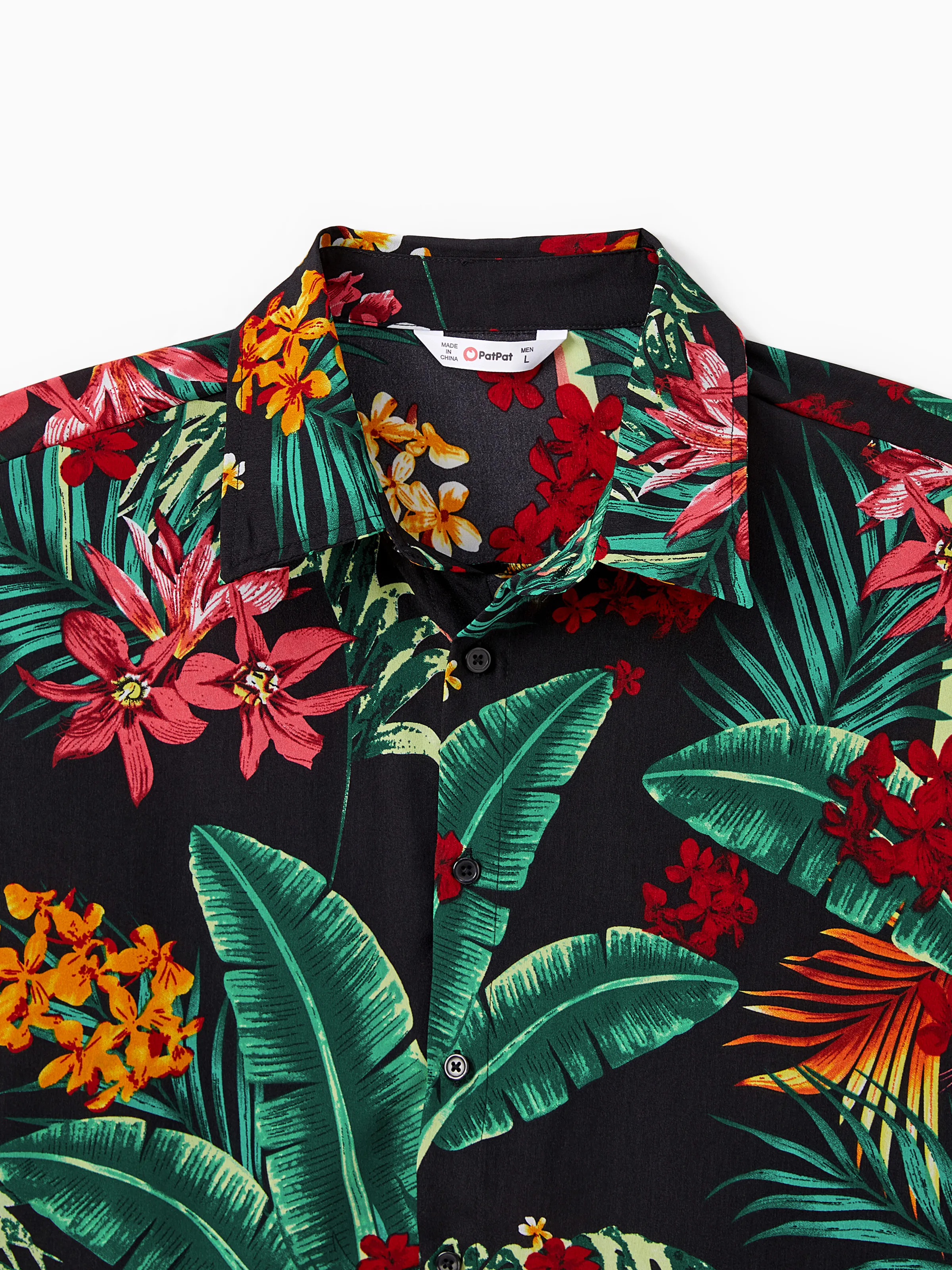 Family Matching Allover Plant Floral Print Halterneck Dresses and Short-sleeve Shirts Sets Black - Image 25