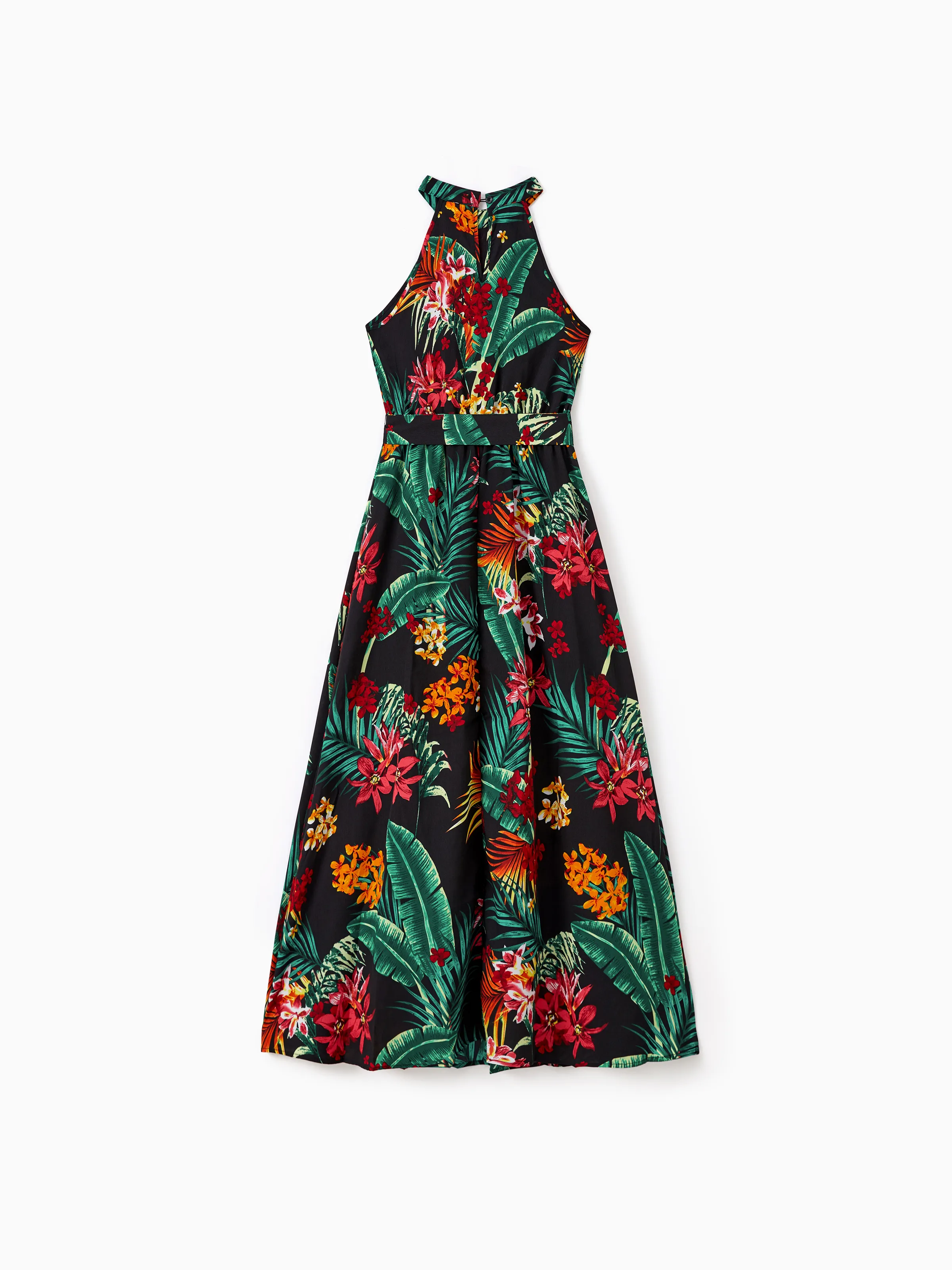 Family Matching Allover Plant Floral Print Halterneck Dresses and Short-sleeve Shirts Sets Black - Image 4