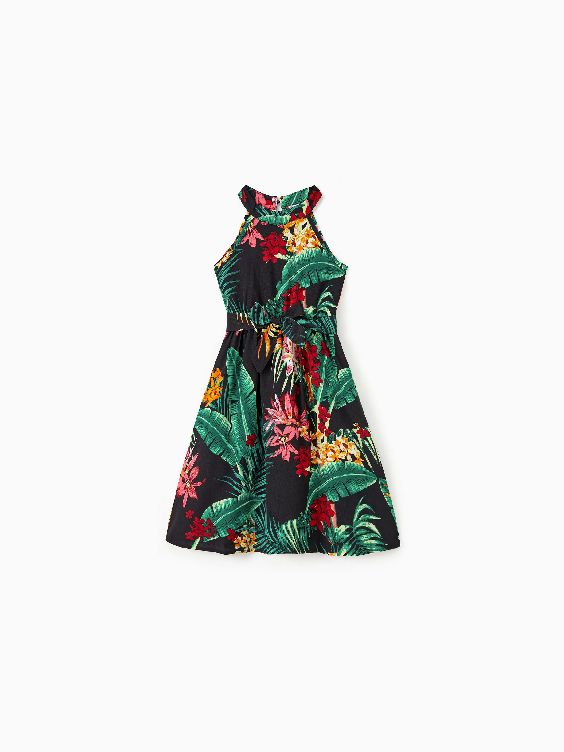 Family Matching Allover Plant Floral Print Halterneck Dresses and Short-sleeve Shirts Sets Black - Image 8