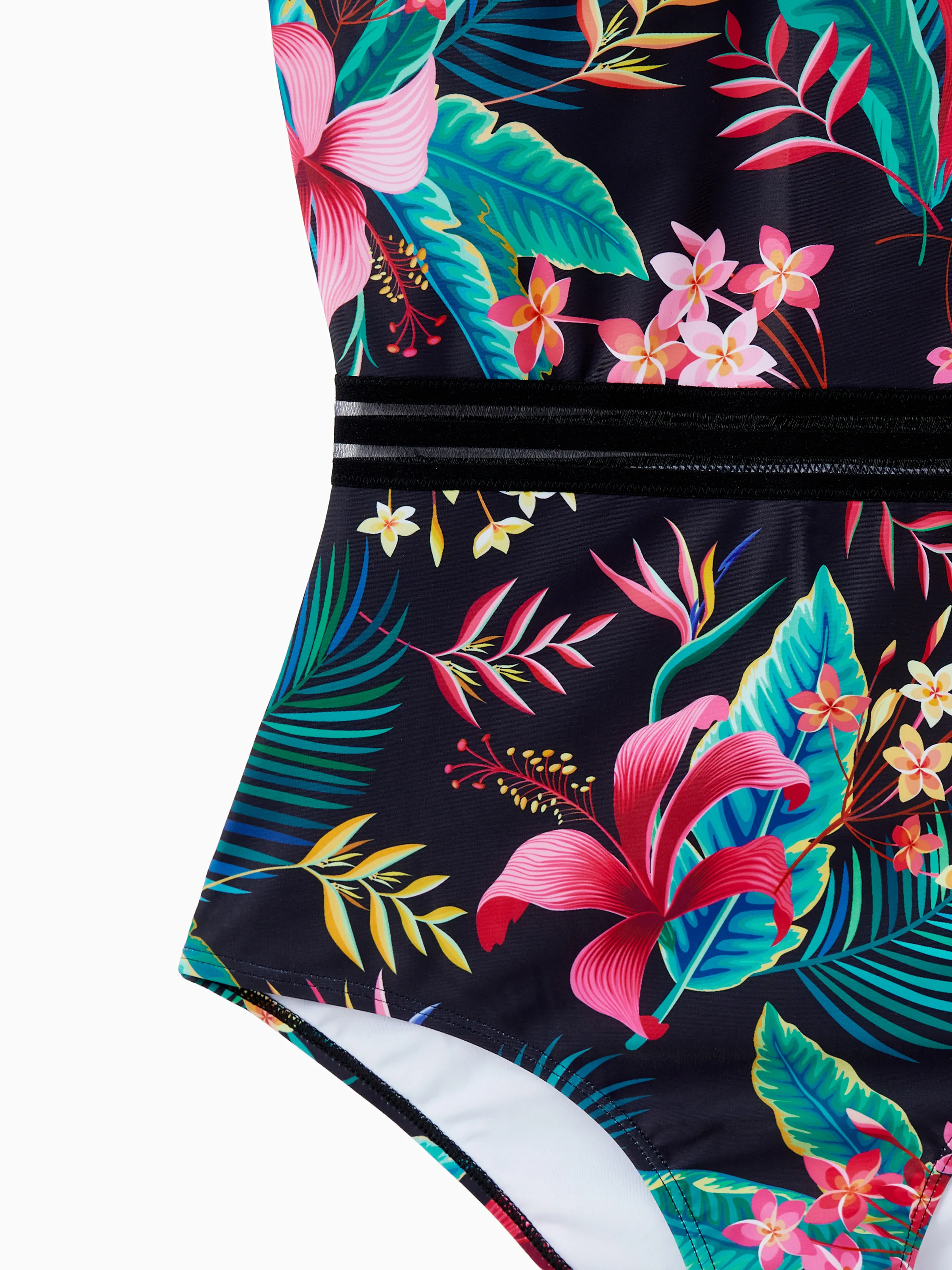 Family Matching Allover Plant Print Crisscross One-Piece Swimsuit and Swim Trunks Black - Image 3