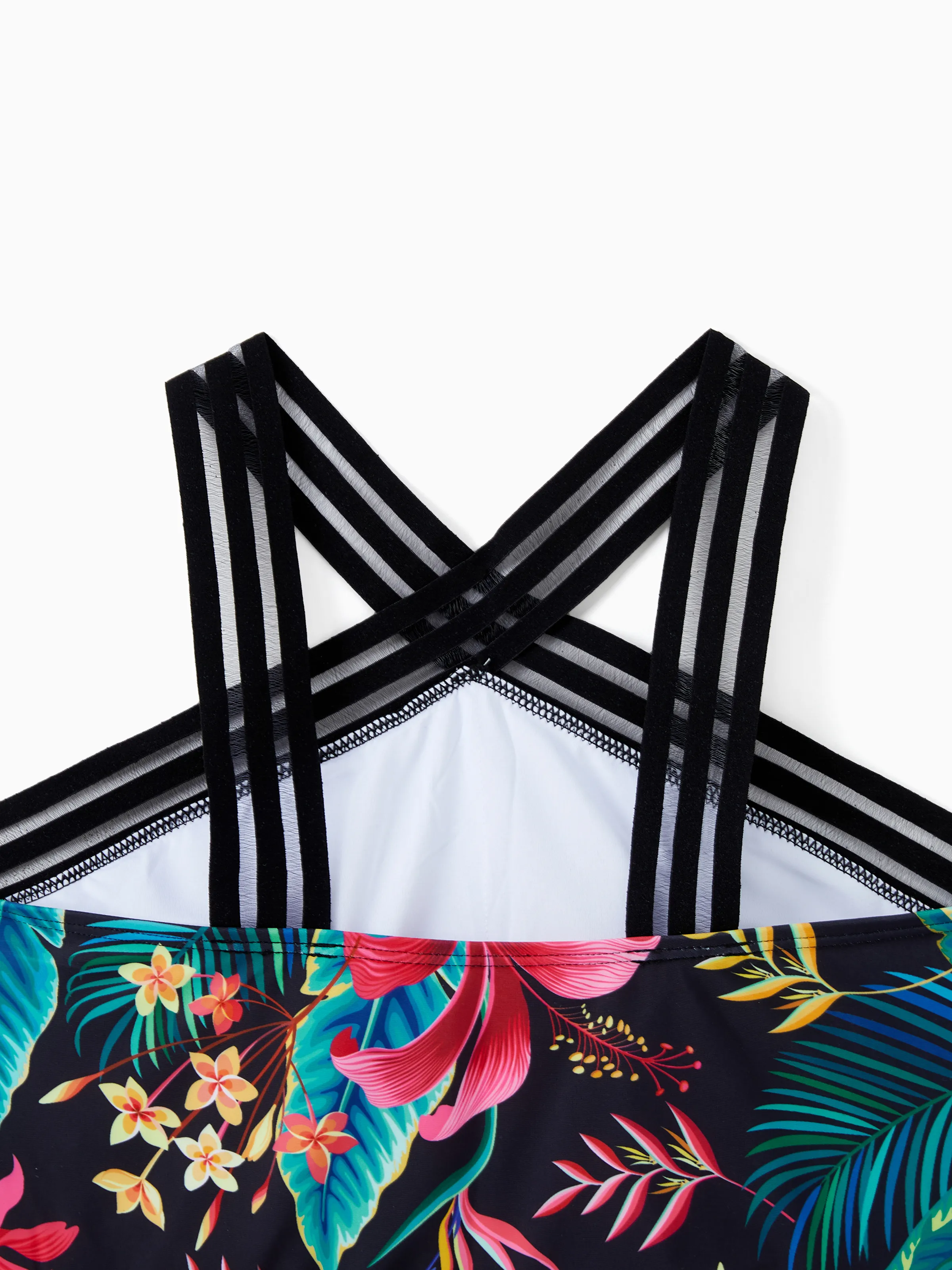 Family Matching Allover Plant Print Crisscross One-Piece Swimsuit and Swim Trunks Black - Image 4