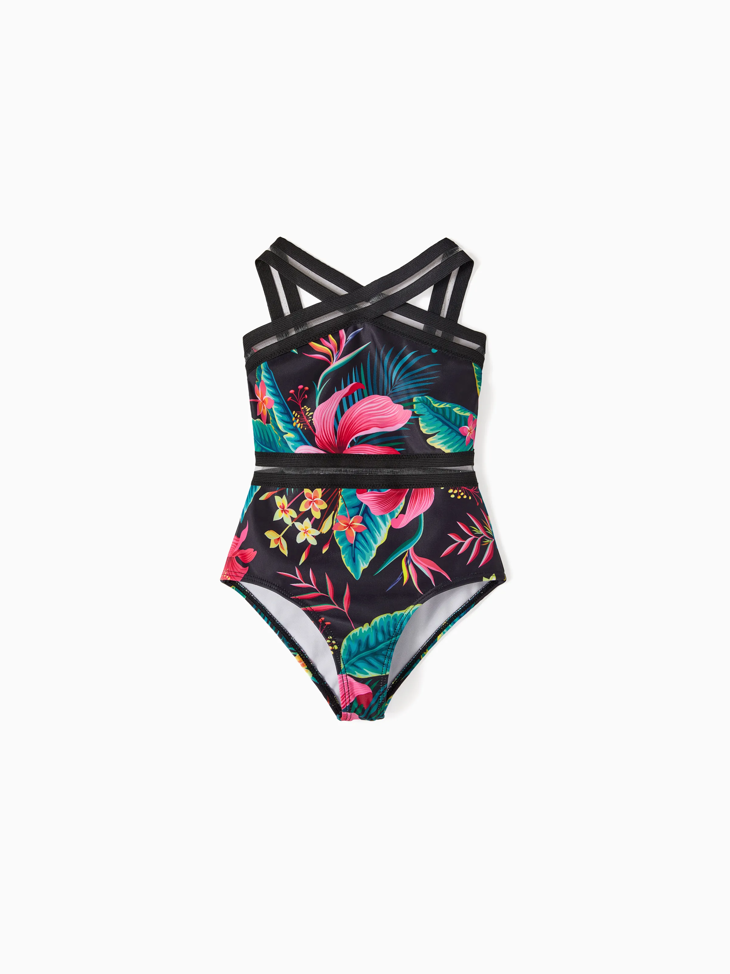 Family Matching Allover Plant Print Crisscross One-Piece Swimsuit and Swim Trunks Black - Image 6