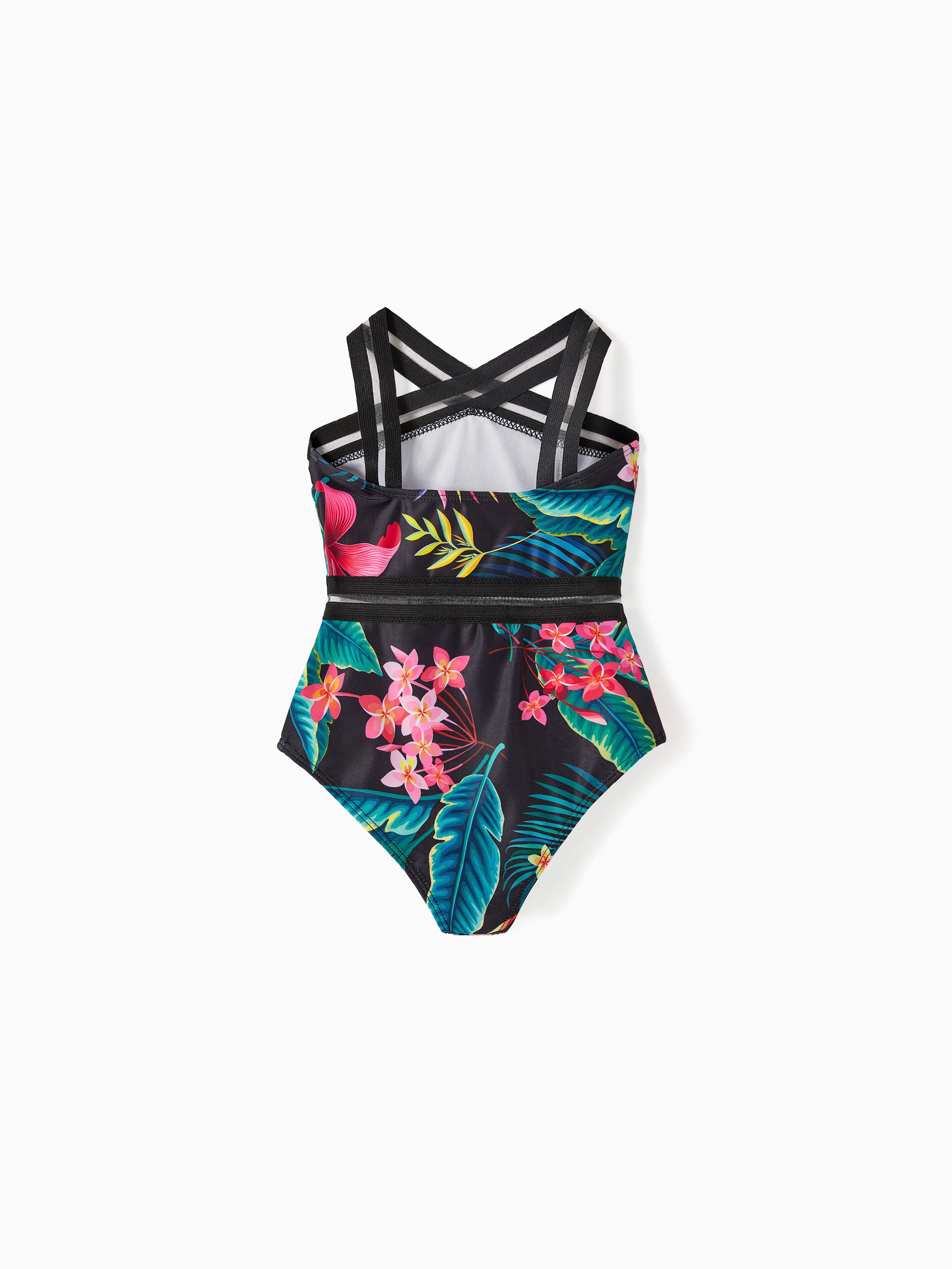 Family Matching Allover Plant Print Crisscross One-Piece Swimsuit and Swim Trunks Black - Image 7