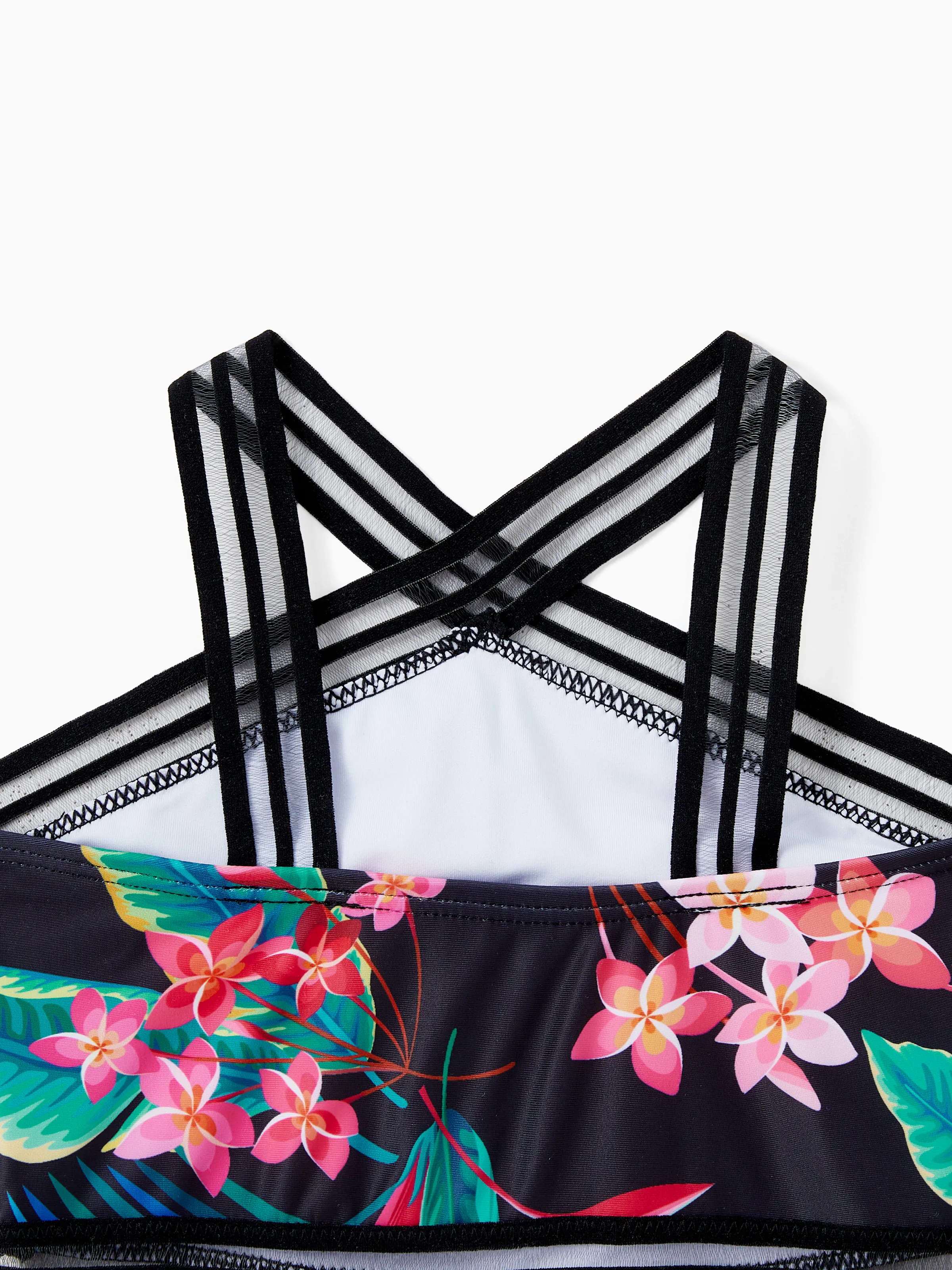 Family Matching Allover Plant Print Crisscross One-Piece Swimsuit and Swim Trunks Black - Image 9