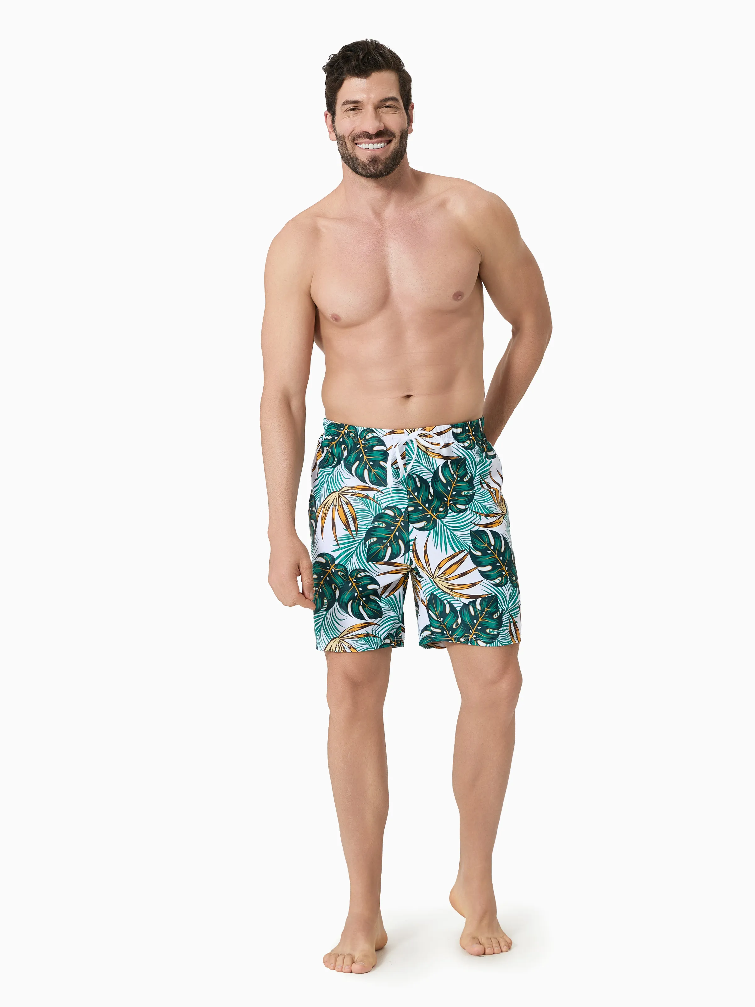 Family Matching Allover Plants Print Swim Trunks Shorts and V Neck Spaghetti Strap Splicing One-Piece Swimsuit Dark Green - Image 17