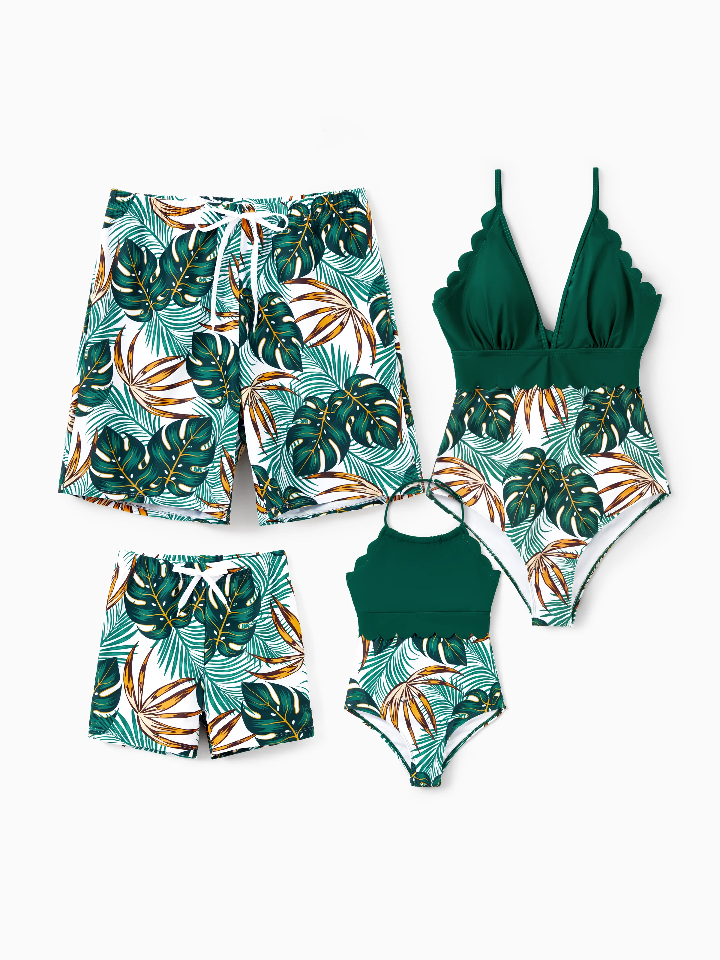 Family Matching Allover Plants Print Swim Trunks Shorts and V Neck Spaghetti Strap Splicing One-Piece Swimsuit Dark Green - Image 2