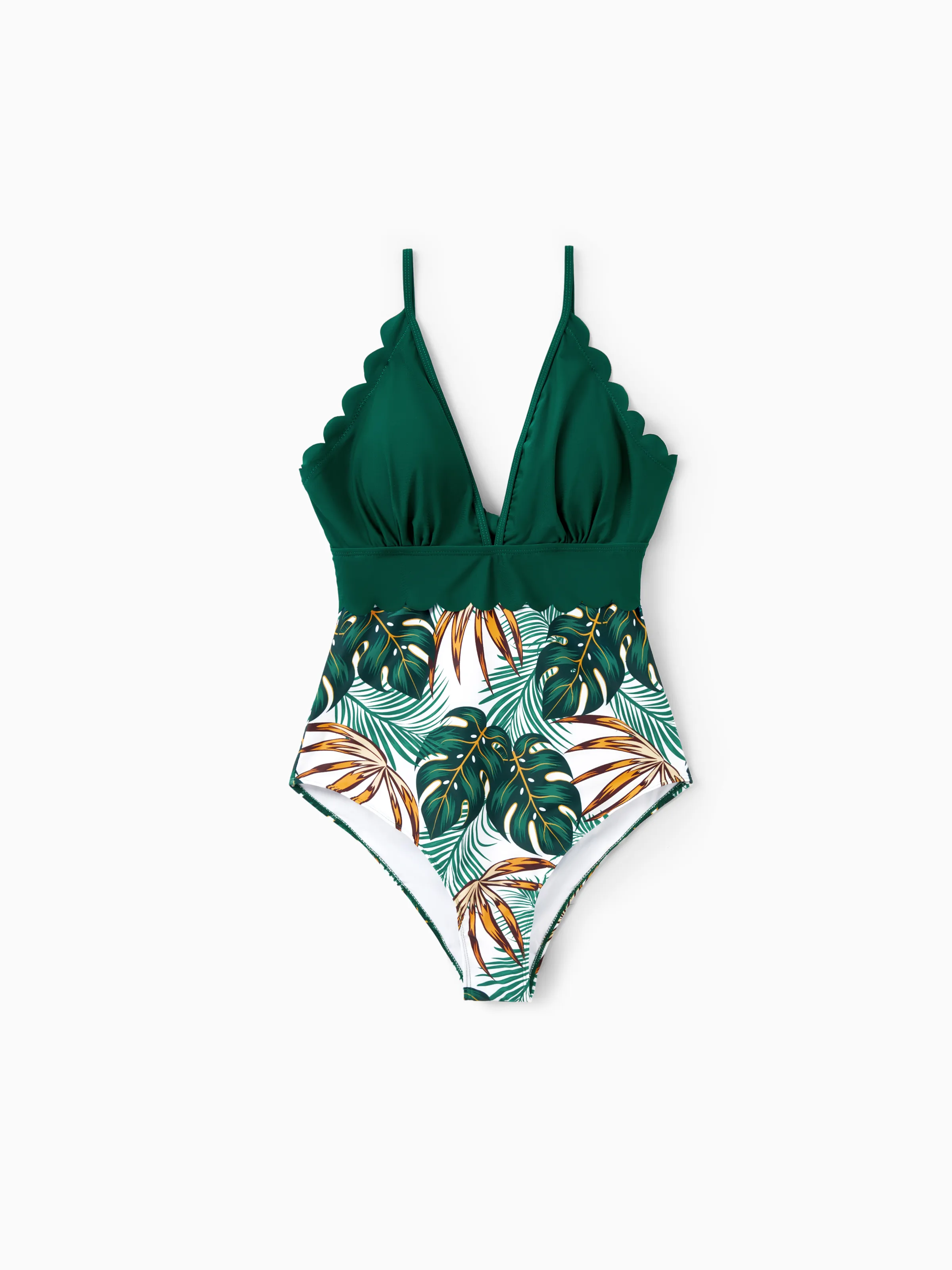 Family Matching Allover Plants Print Swim Trunks Shorts and V Neck Spaghetti Strap Splicing One-Piece Swimsuit Dark Green - Image 5