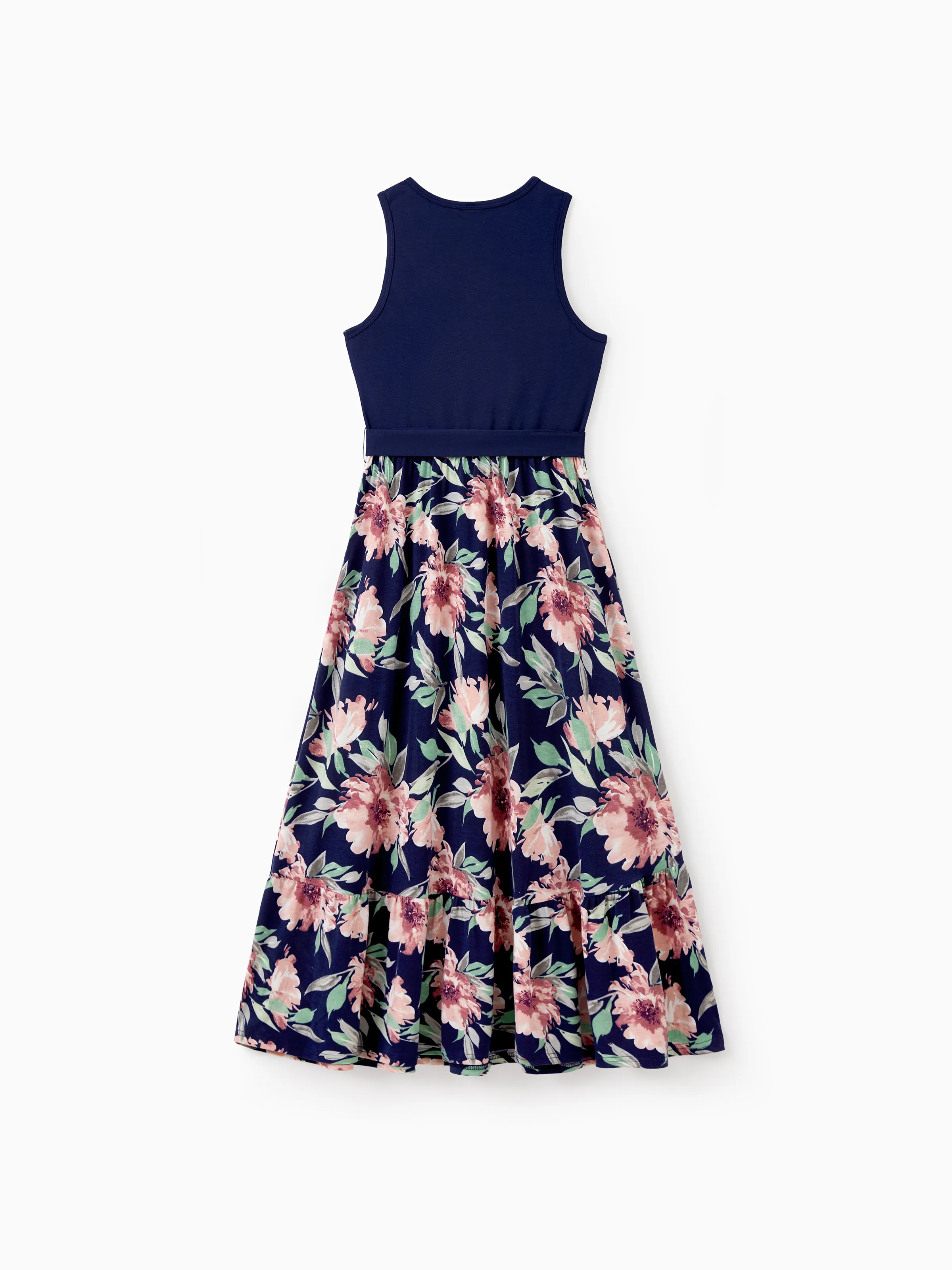 Family Matching Blue Cotton Tee and Flora Splicing Tank Top Dress Sets Deep Blue - Image 3