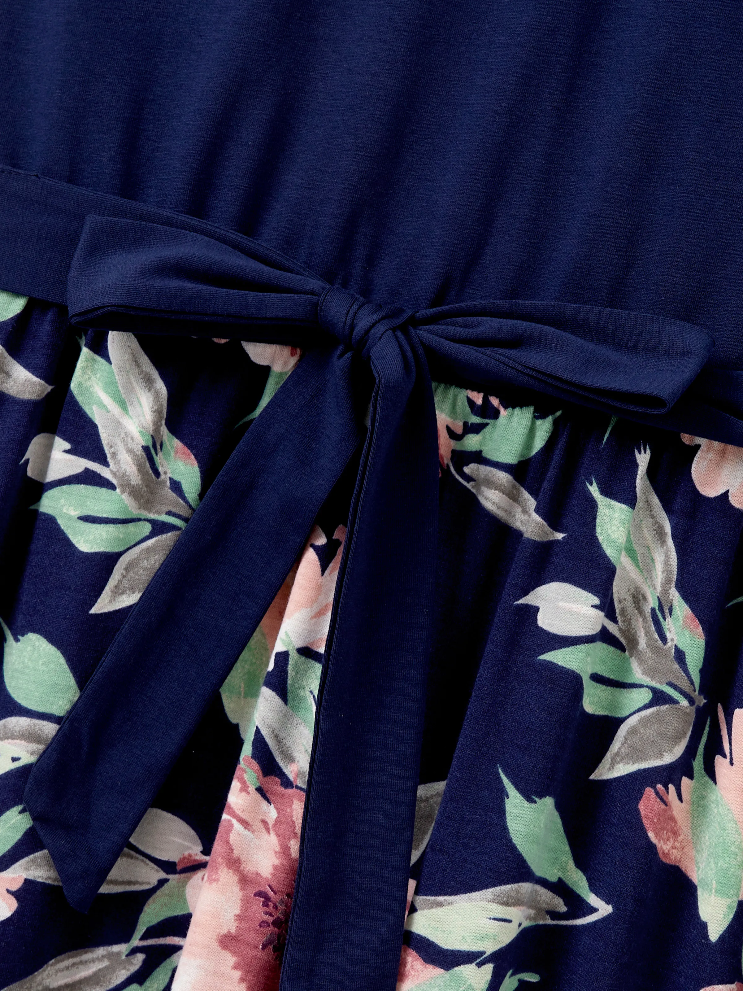 Family Matching Blue Cotton Tee and Flora Splicing Tank Top Dress Sets Deep Blue - Image 5