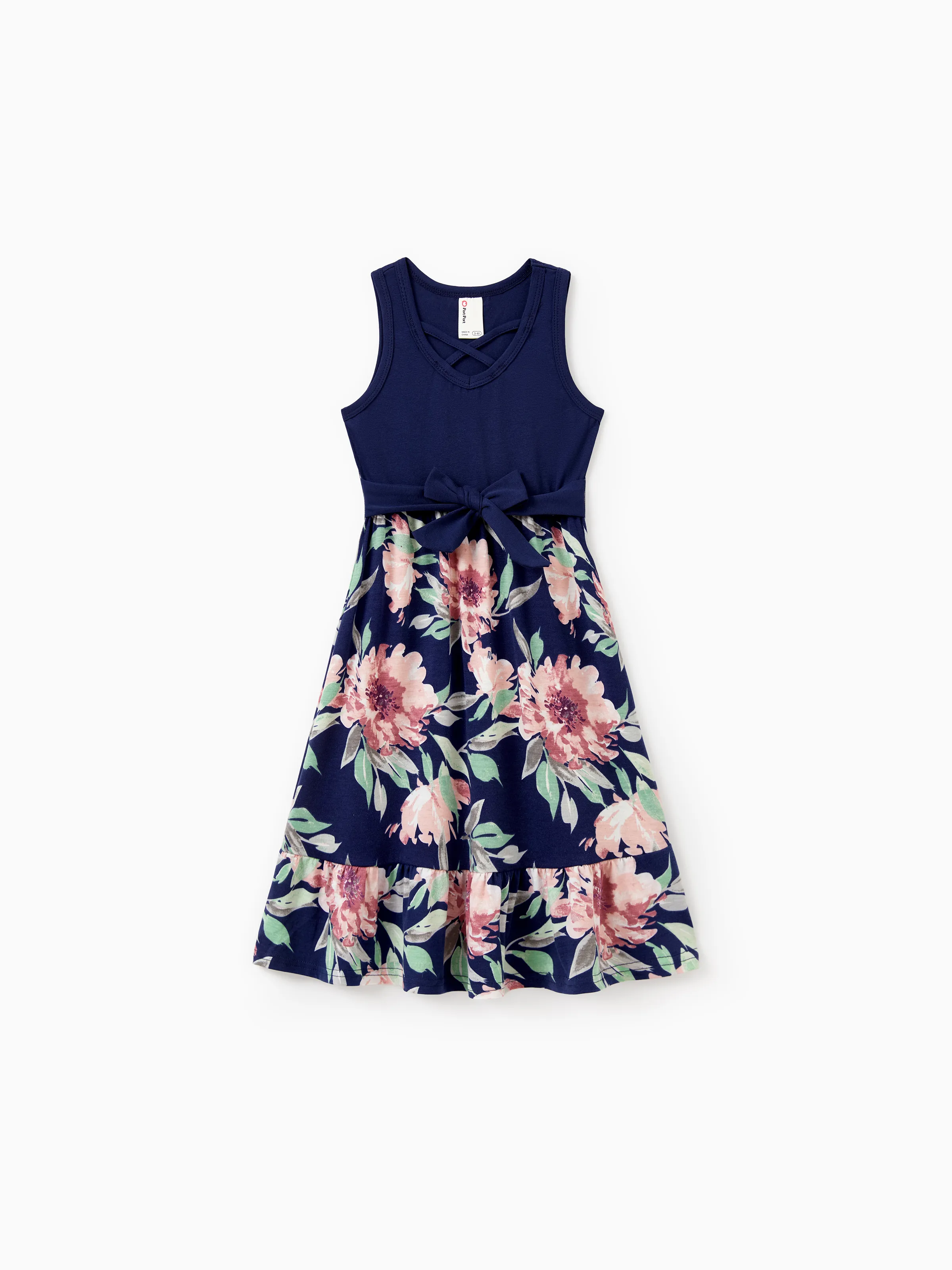 Family Matching Blue Cotton Tee and Flora Splicing Tank Top Dress Sets Deep Blue - Image 7