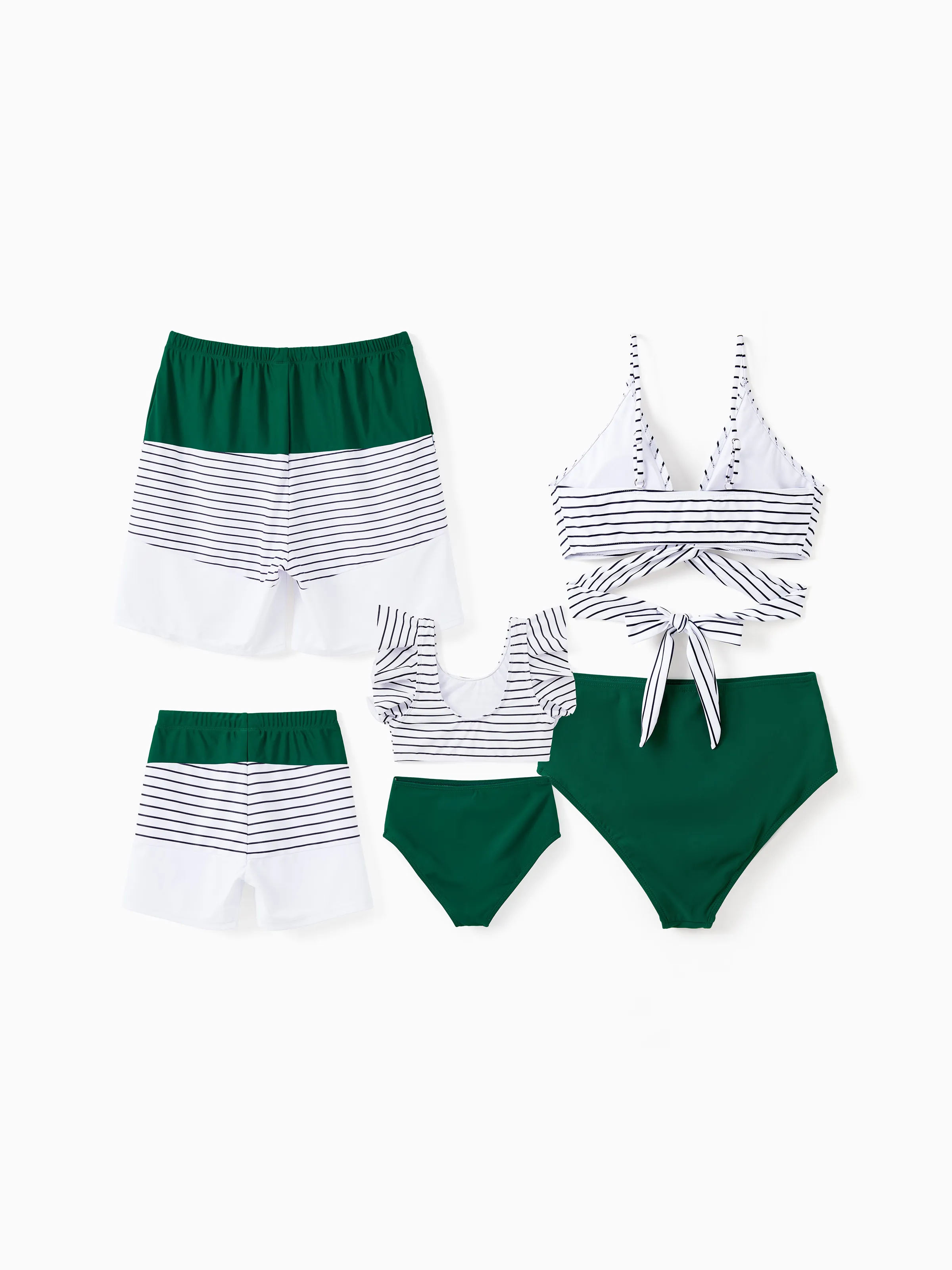 Family Matching Color Block Drawstring Swim Trunks or Stripe Cross Front Two-Piece Swimsuit (Quick-Dry) Green - Image 13