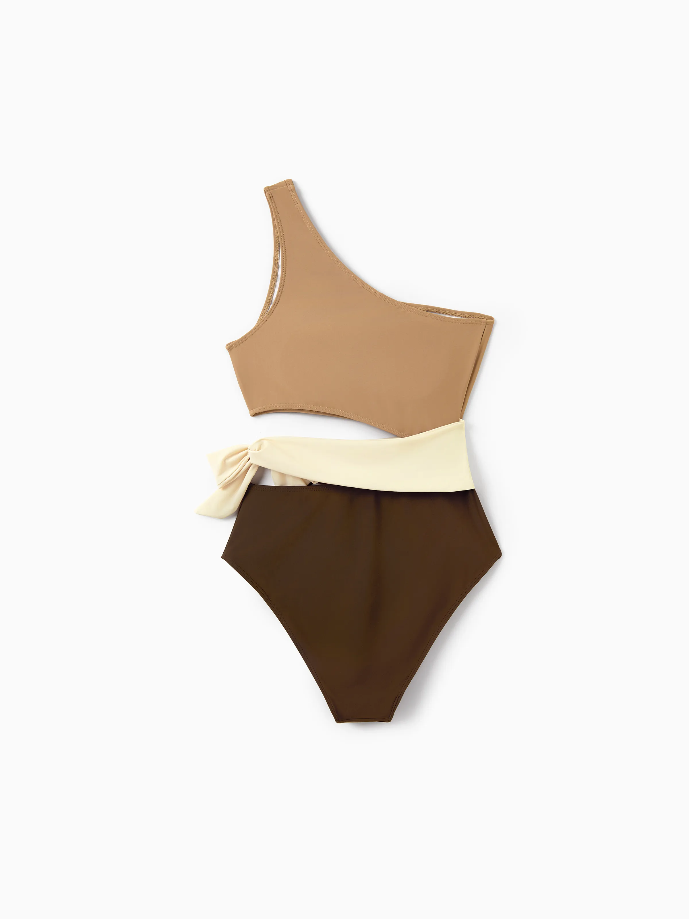 Family Matching Color Block Swimsuits, Mommy and Me One-Shoulder Cutout Bikini Set, Daddy and Son Color Block Swim Trunks, Summer Beach Vacation Swimwear Coffee - Image 3