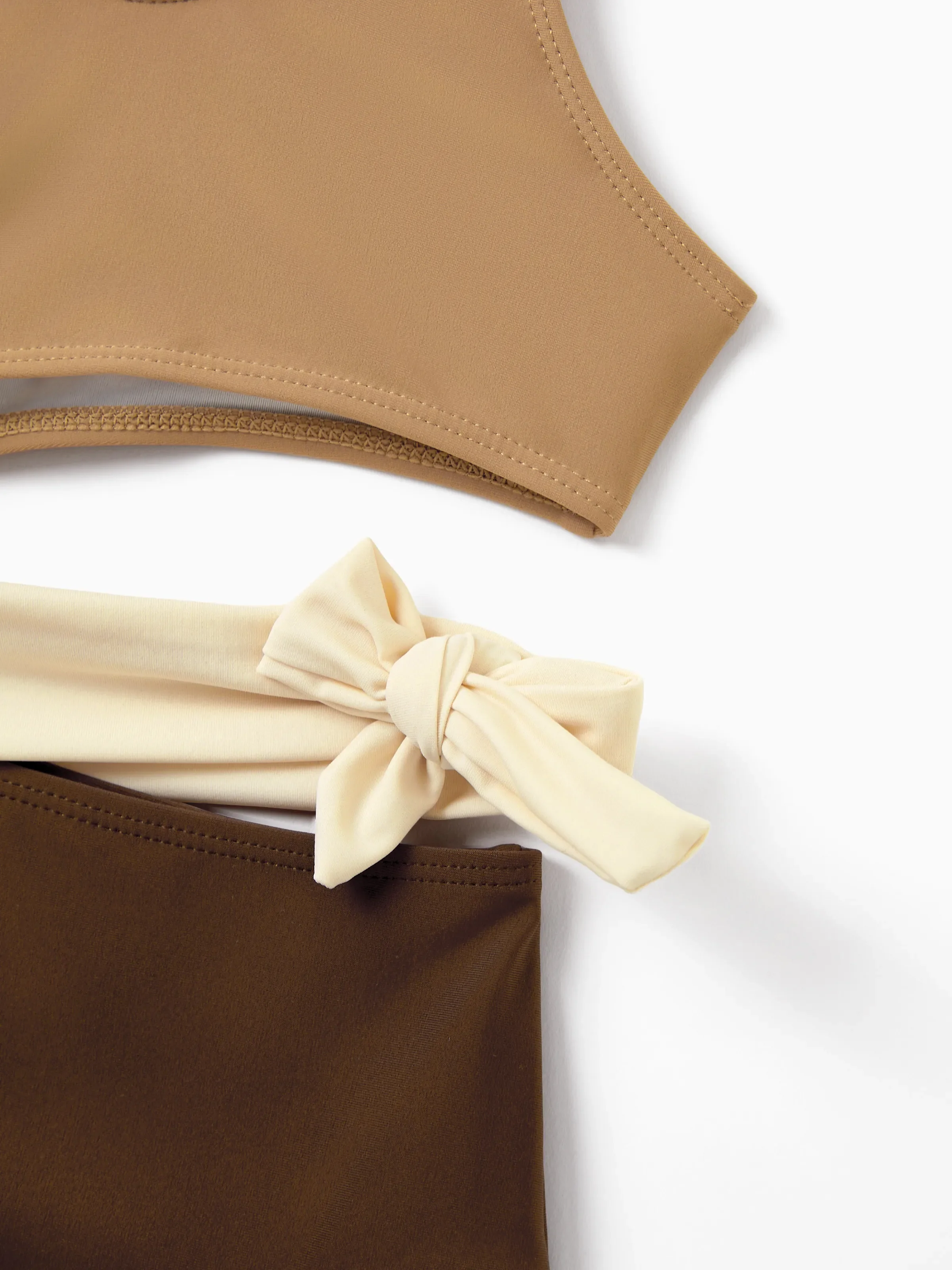 Family Matching Color Block Swimsuits, Mommy and Me One-Shoulder Cutout Bikini Set, Daddy and Son Color Block Swim Trunks, Summer Beach Vacation Swimwear Coffee - Image 8