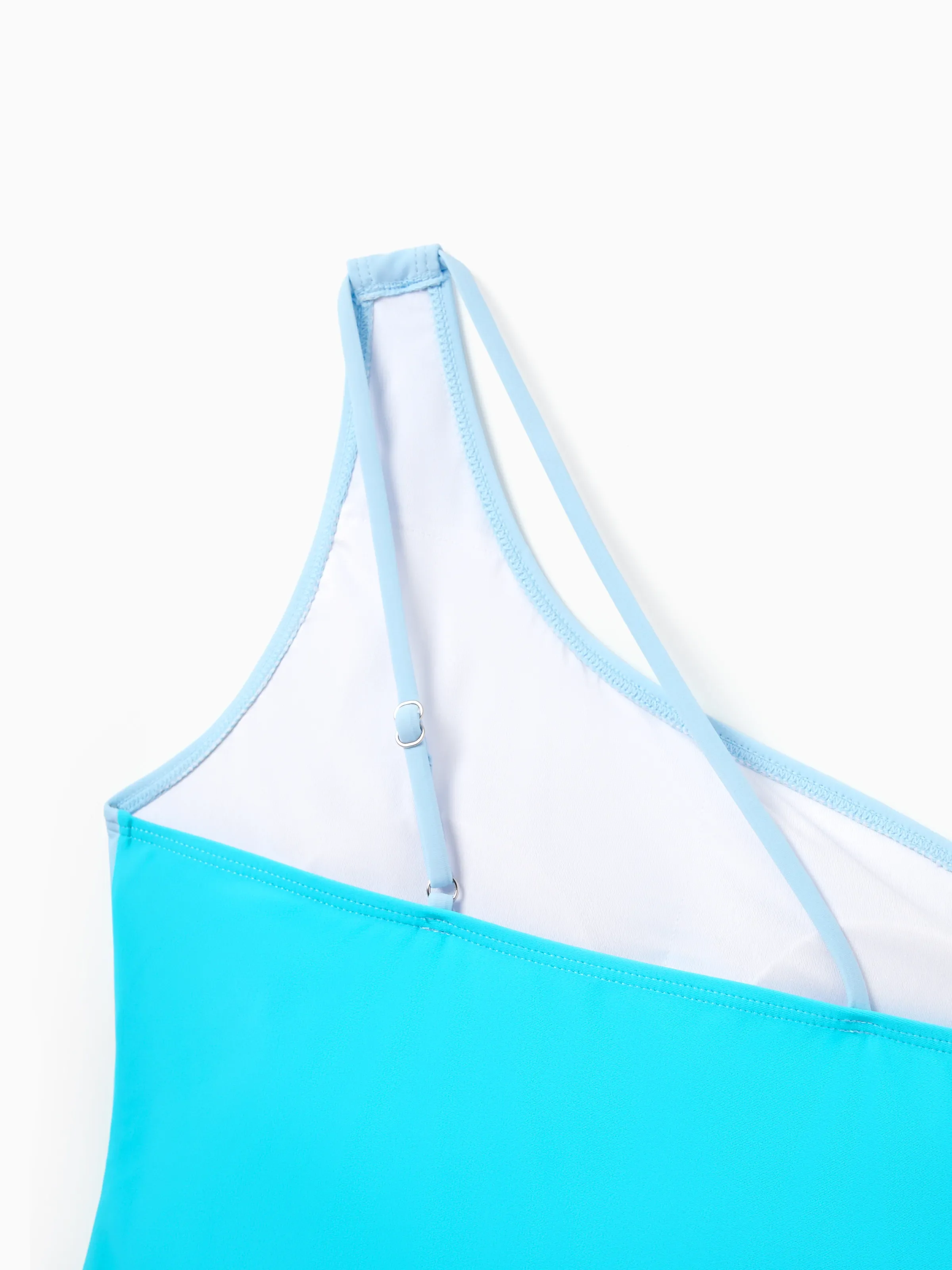 Family Matching Color Block Swimsuits One Shoulder Swim Dress / Swim Trunks Set Blue - Image 4