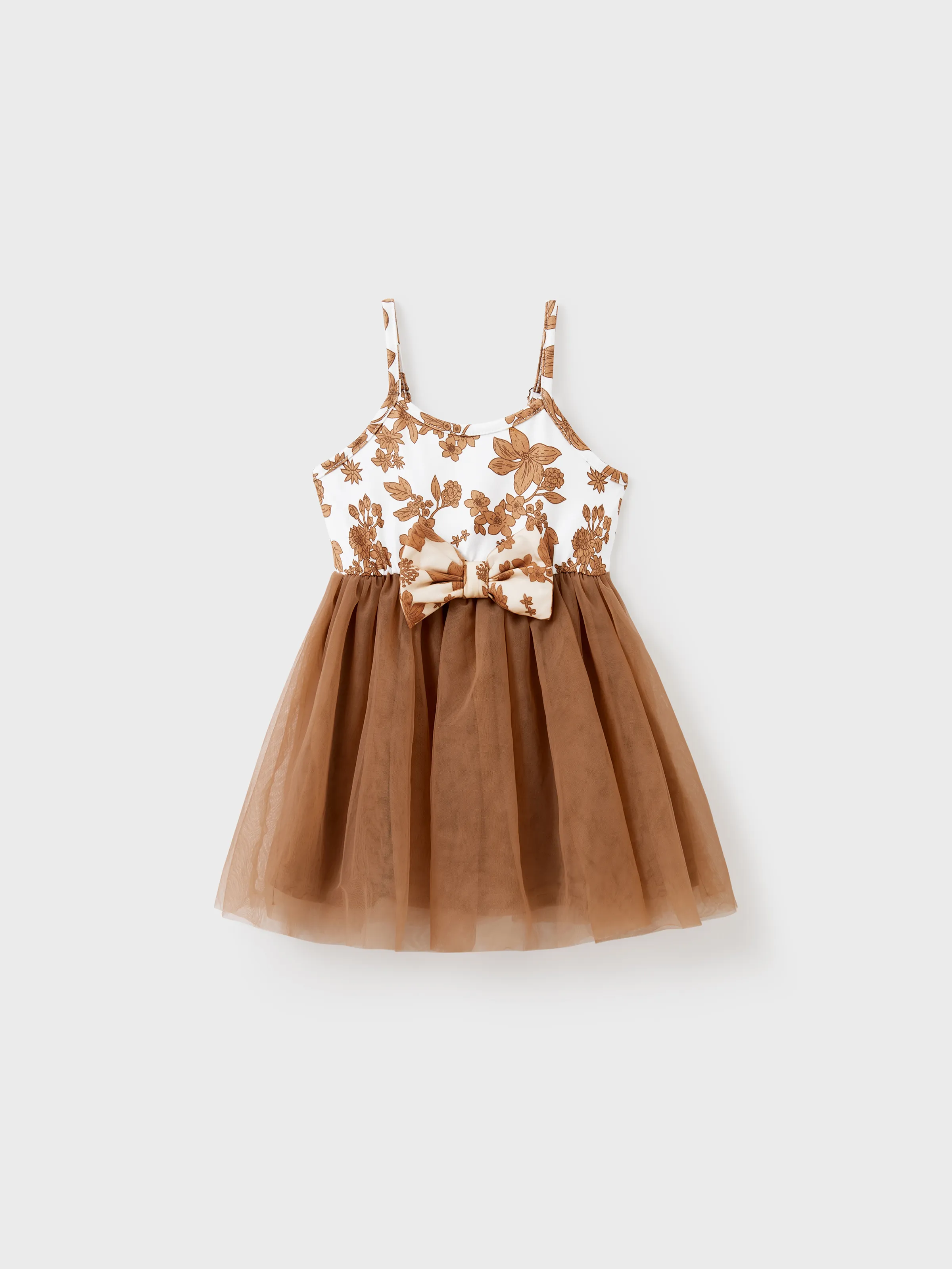 Family Matching Colorblock Cotton Tee or Flora Print Strap Body-con Dress or Mesh Splicing Dress Khaki - Image 12