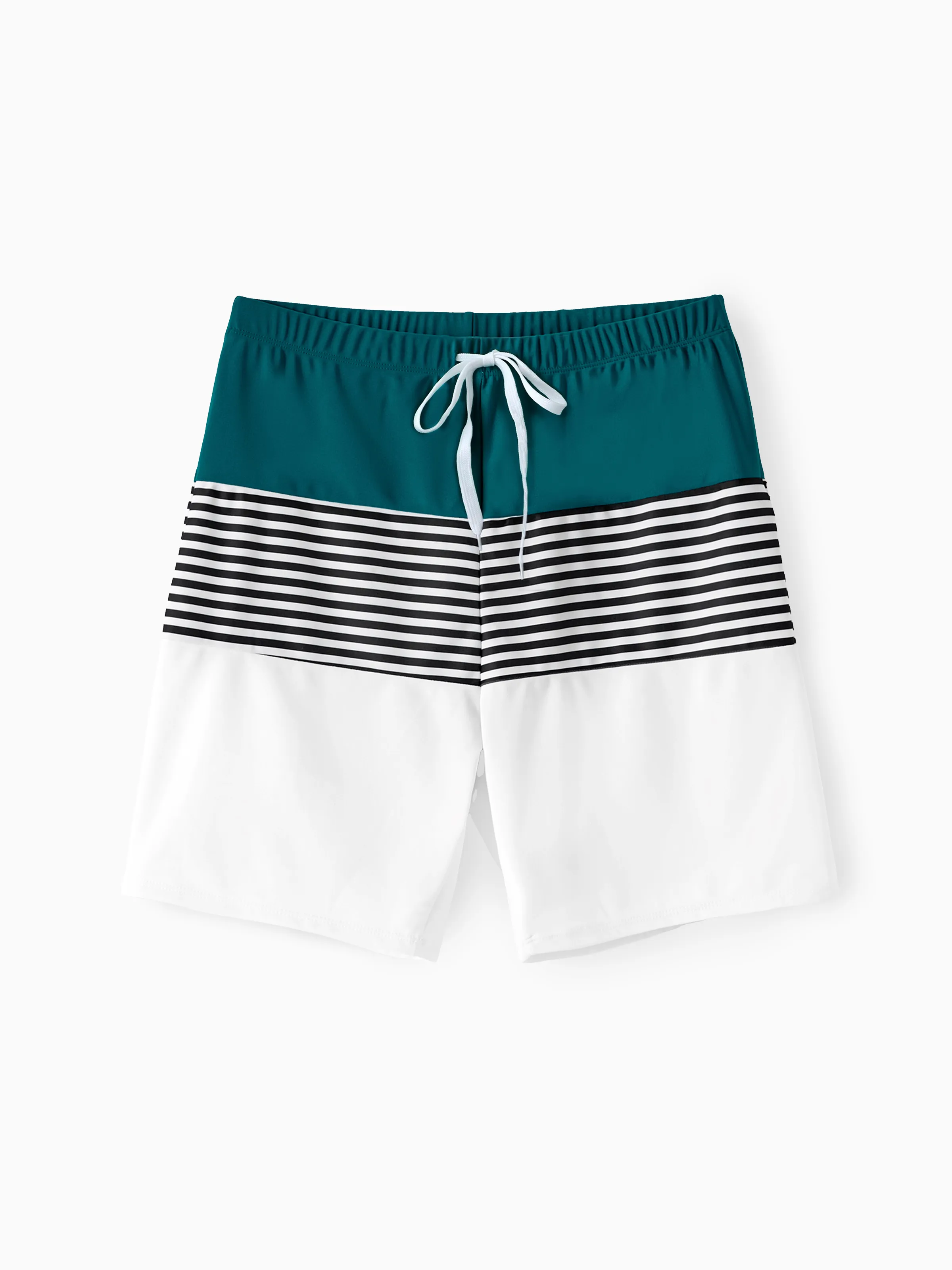 Family Matching Colorblock One Shoulder Cut Out One-piece Swimsuit and Striped Spliced Swim Trunks Shorts DeepTurquoise - Image 19