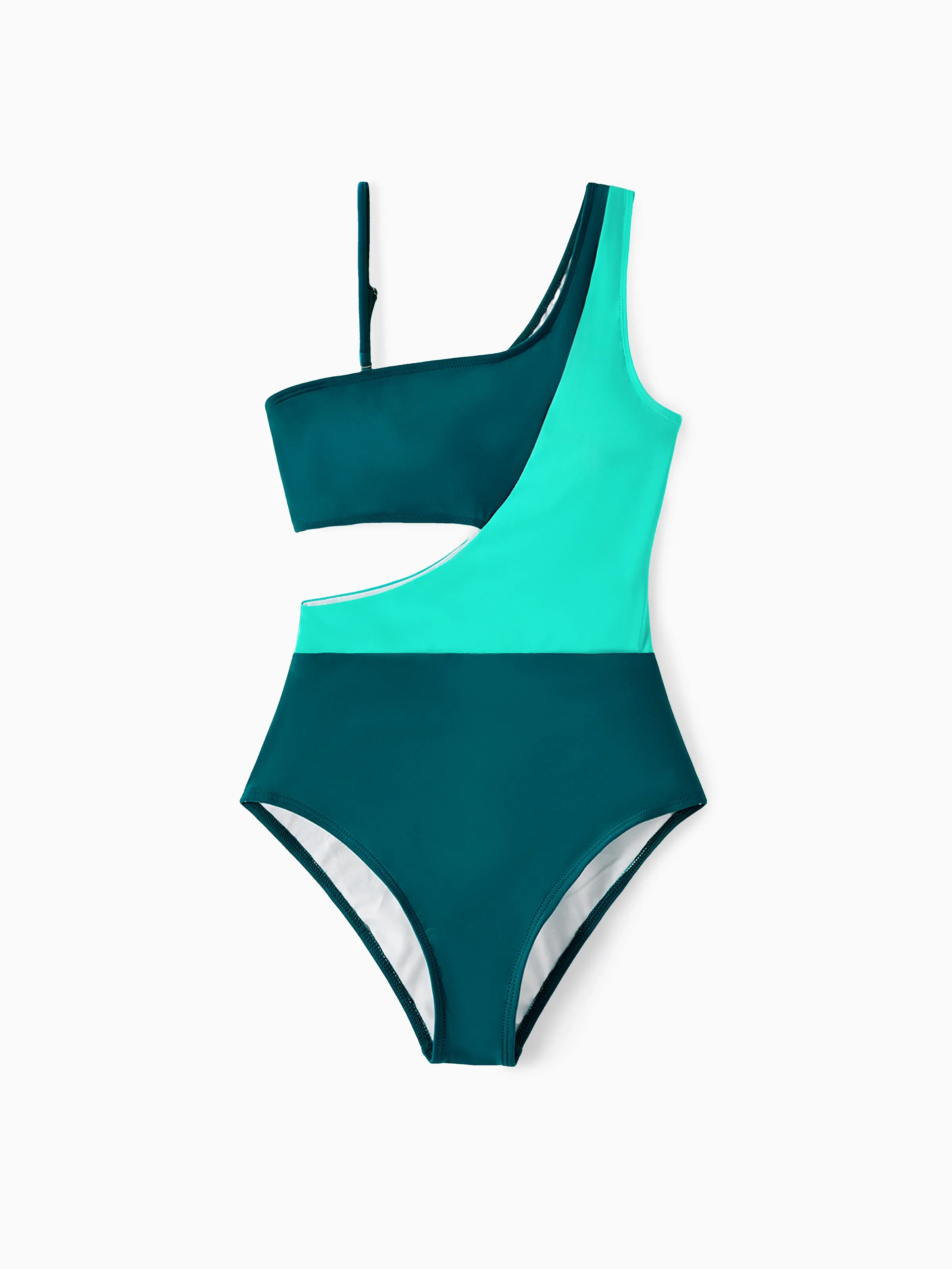Family Matching Colorblock One Shoulder Cut Out One-piece Swimsuit and Striped Spliced Swim Trunks Shorts DeepTurquoise - Image 4