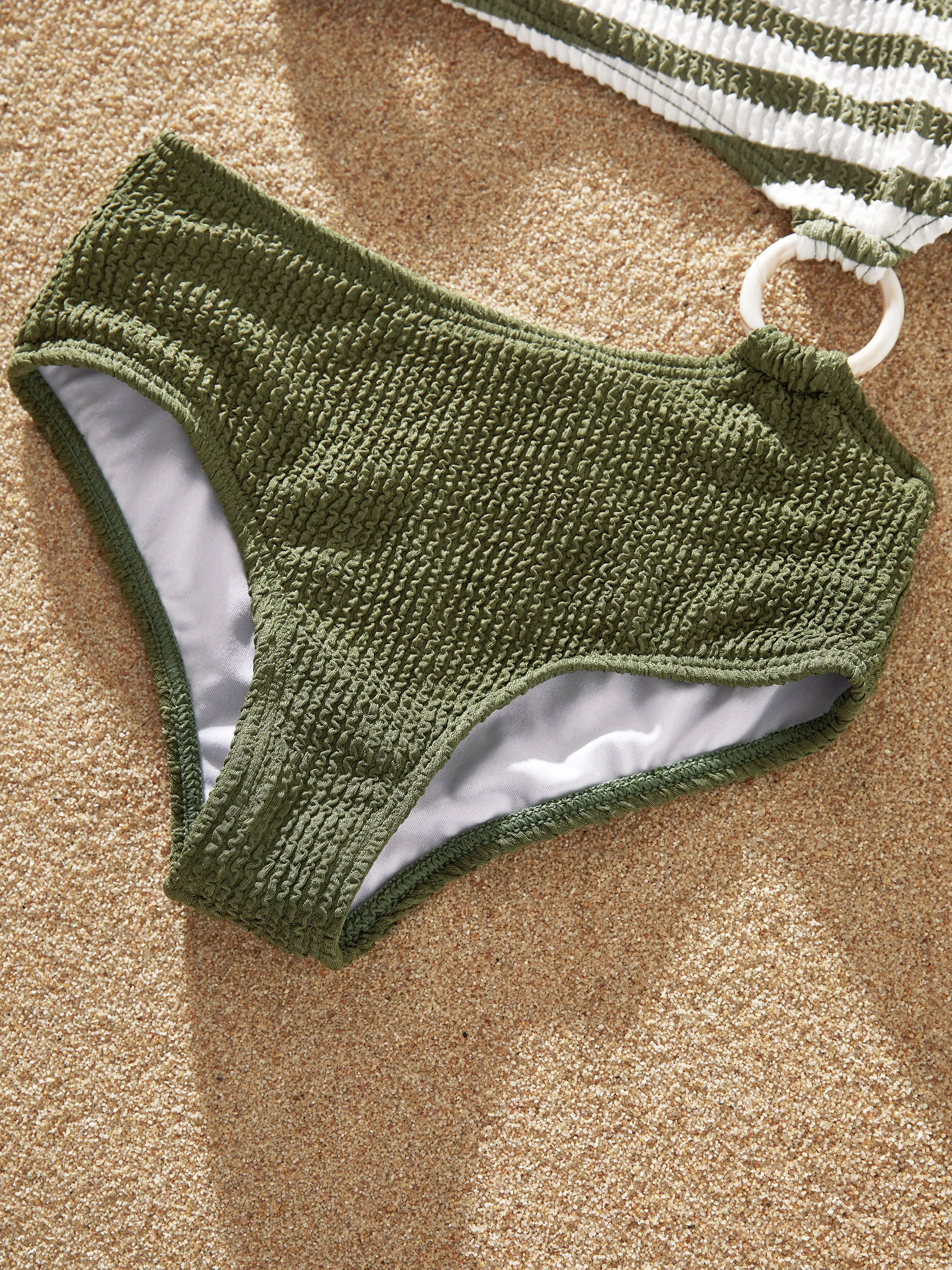 Family Matching Colorblock Stripe Swim Trunks or One Piece One Shoulder Swimsuit Army green - Image 11