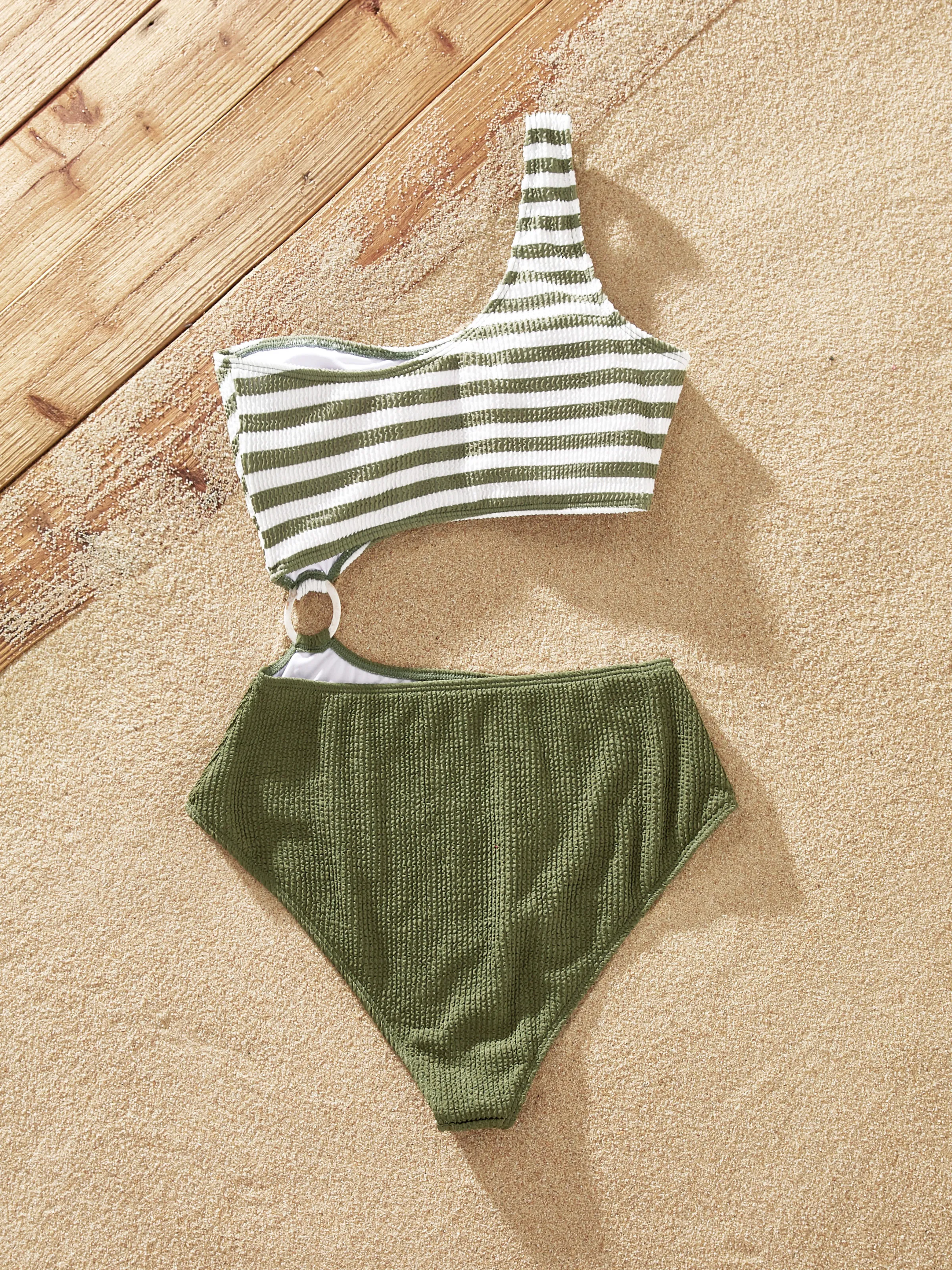 Family Matching Colorblock Stripe Swim Trunks or One Piece One Shoulder Swimsuit Army green - Image 3