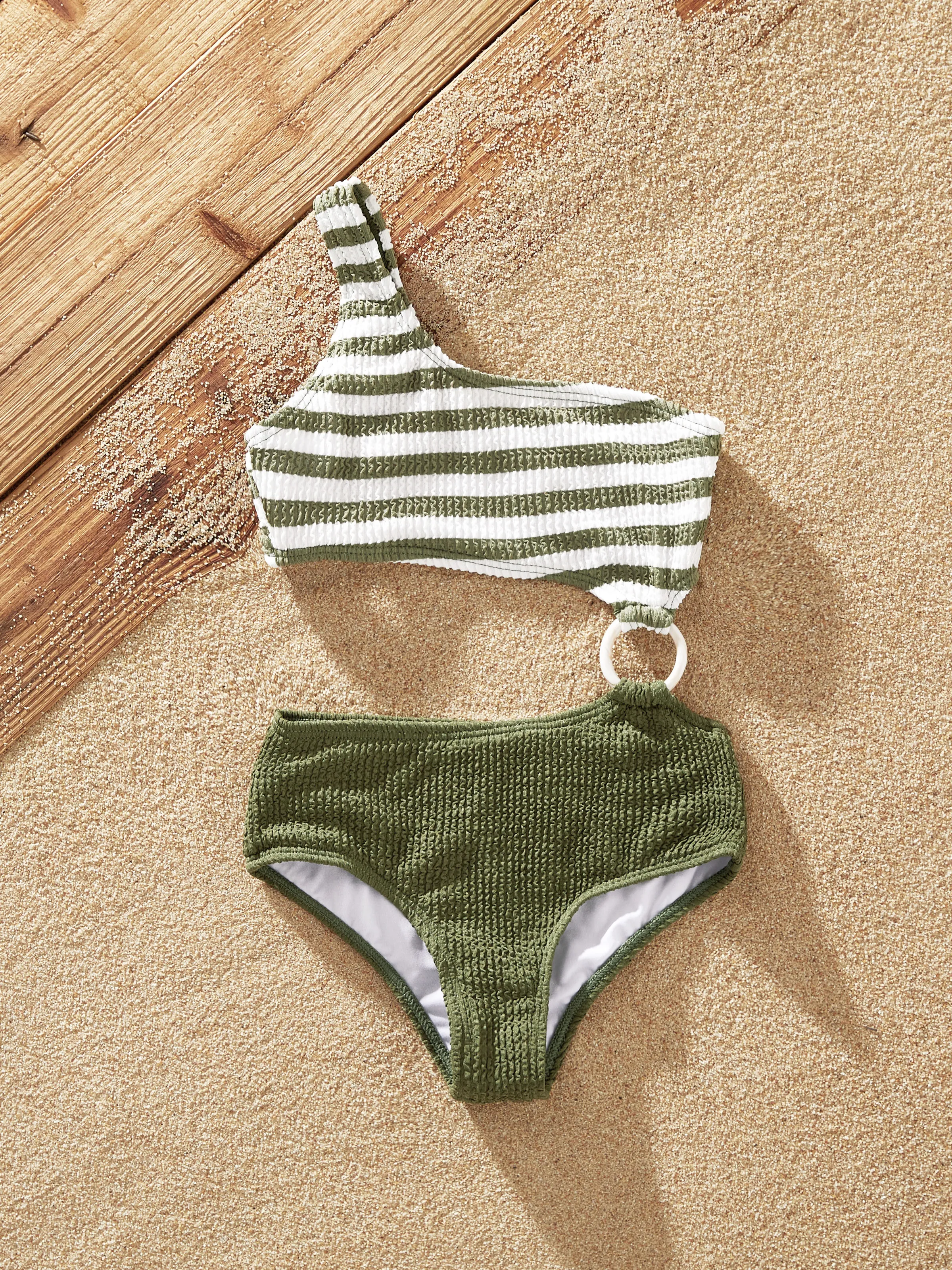 Family Matching Colorblock Stripe Swim Trunks or One Piece One Shoulder Swimsuit Army green - Image 7